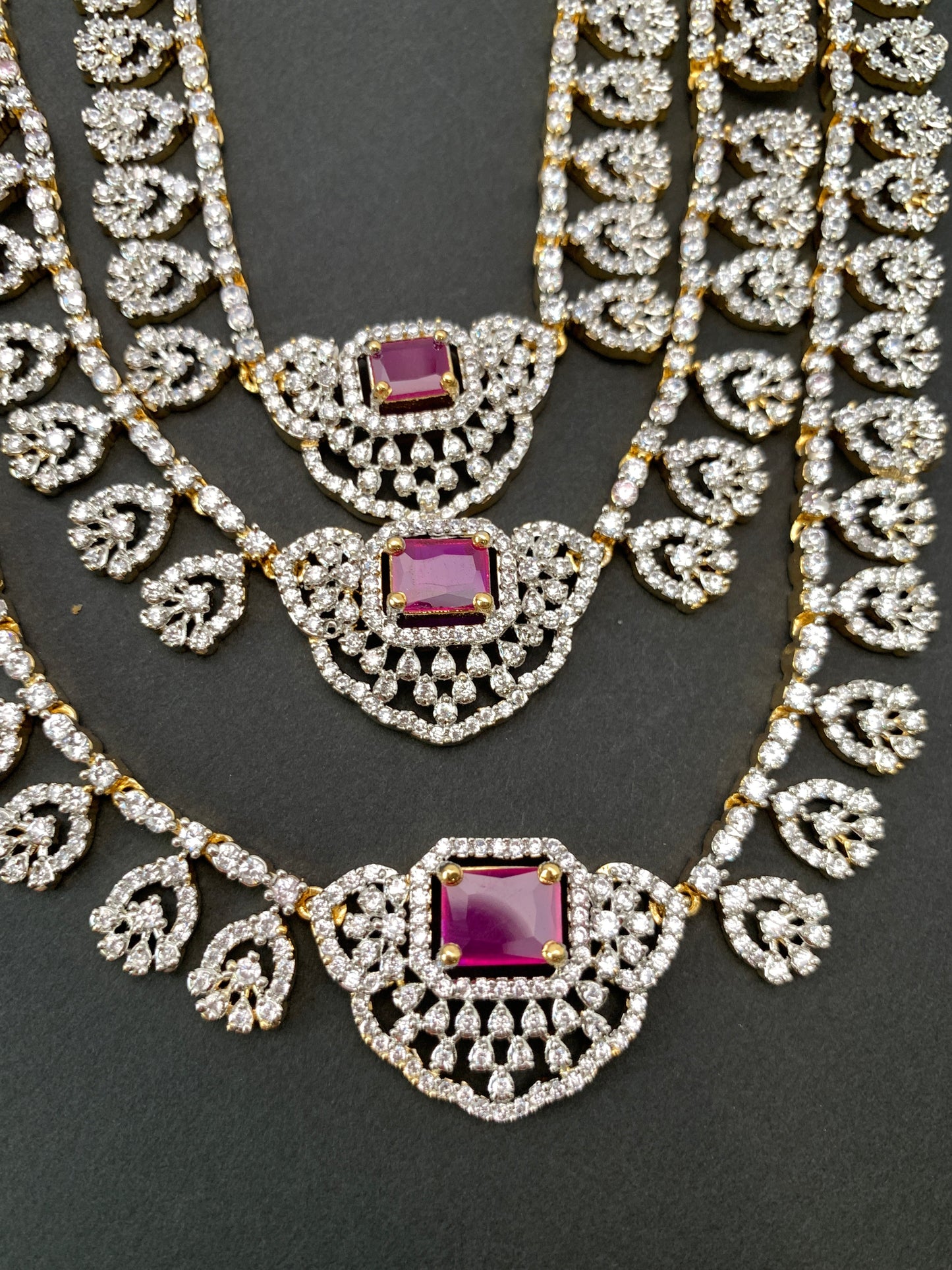 AD Ruby Red Stone Triple Layer Teen Lada Long Necklace
