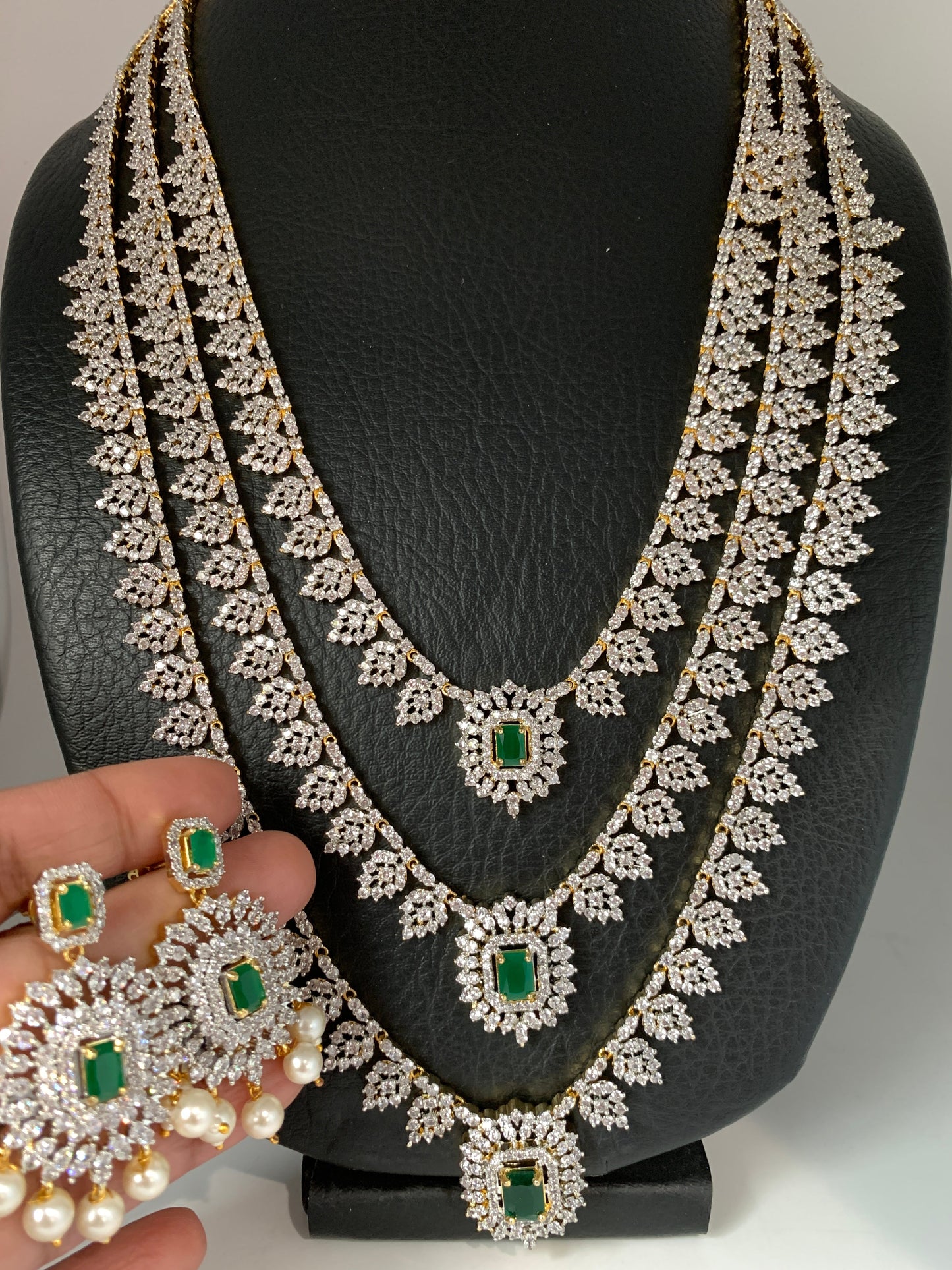 AD Emerald Green Stone Triple Layer Teen Lada Long Necklace