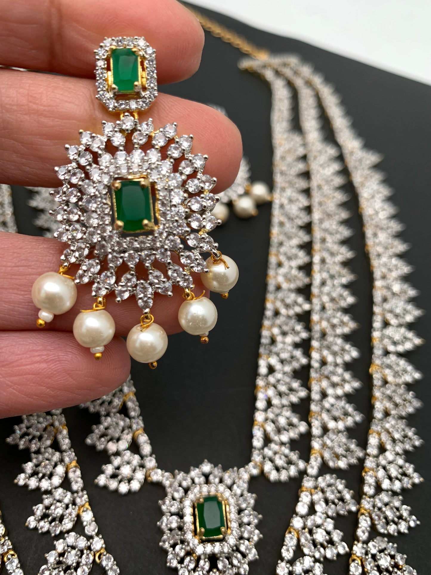 AD Emerald Green Stone Triple Layer Teen Lada Long Necklace