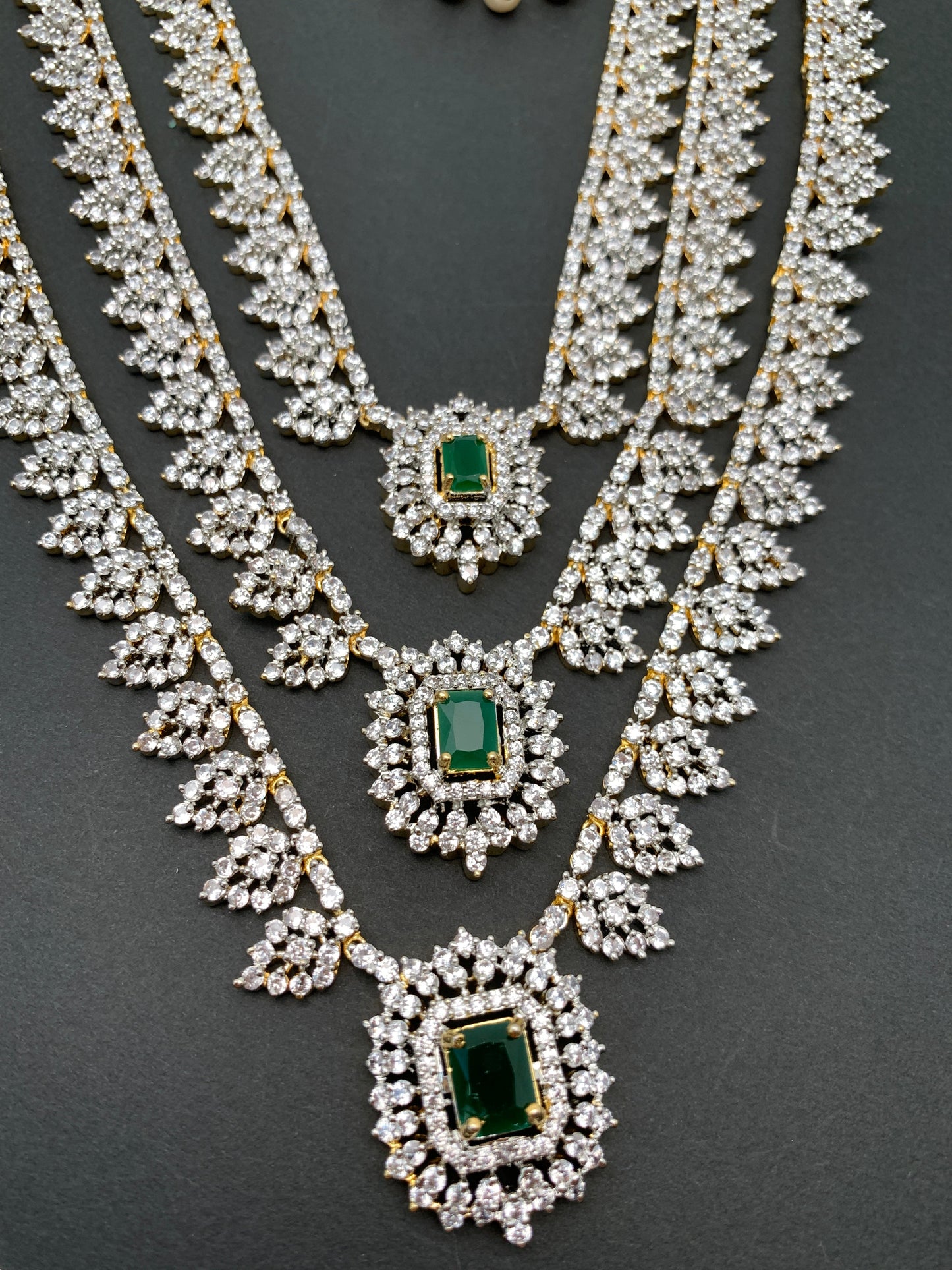 AD Emerald Green Stone Triple Layer Teen Lada Long Necklace