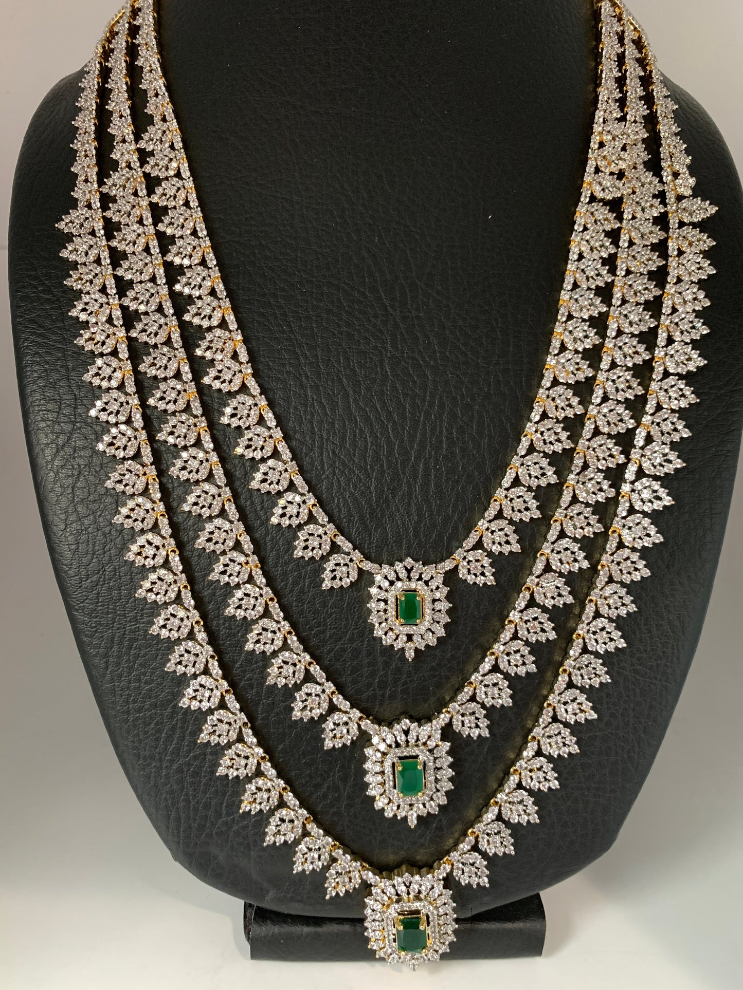 AD Emerald Green Stone Triple Layer Teen Lada Long Necklace