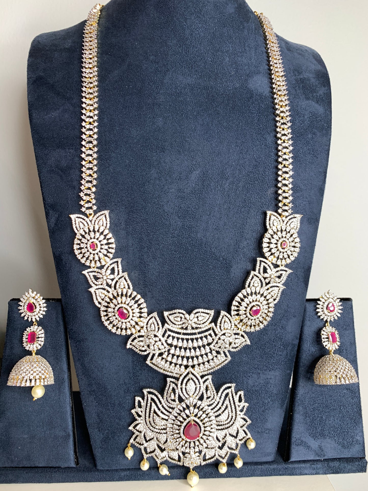AD Ruby Red Stone Lotus Design Long Necklace