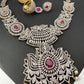 AD Ruby Red Stone Lotus Design Long Necklace