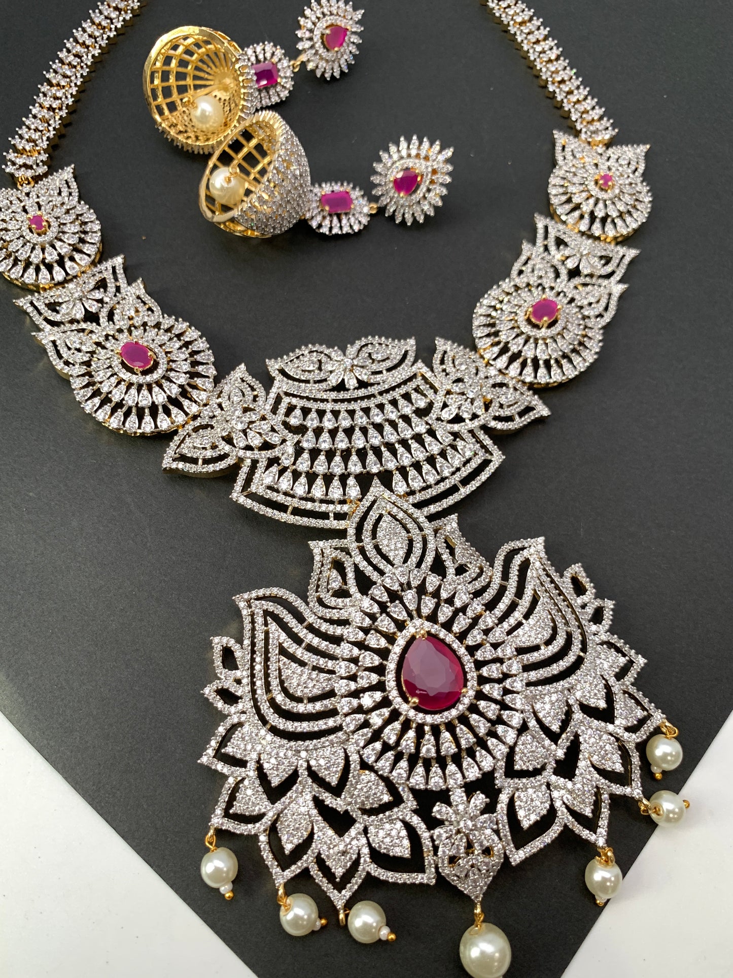 AD Ruby Red Stone Lotus Design Long Necklace