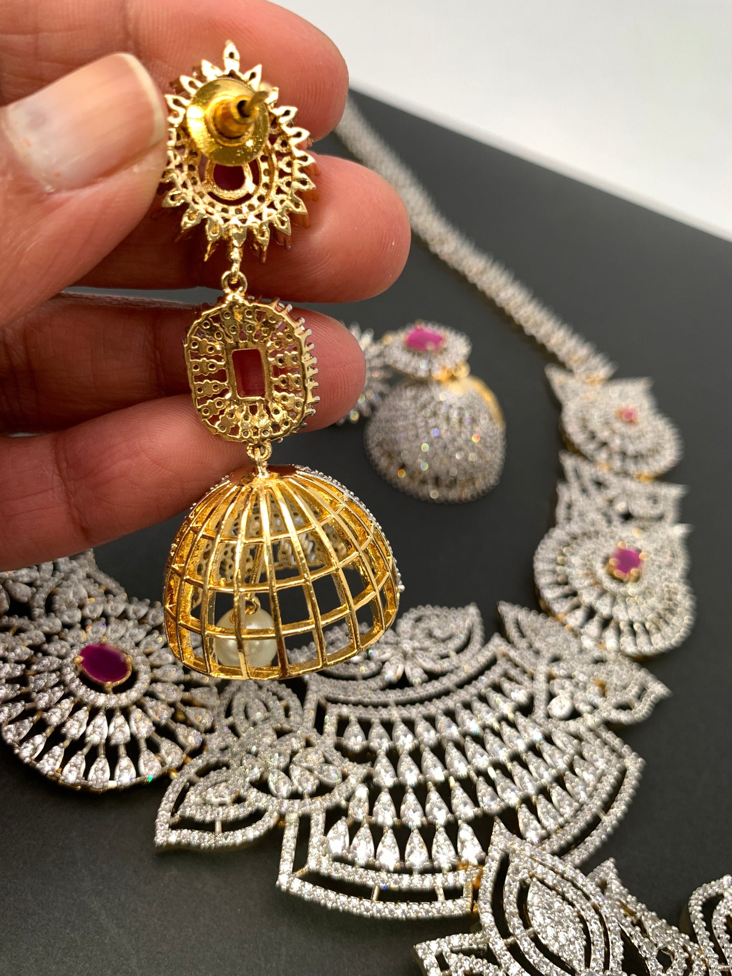 AD Ruby Red Stone Lotus Design Long Necklace