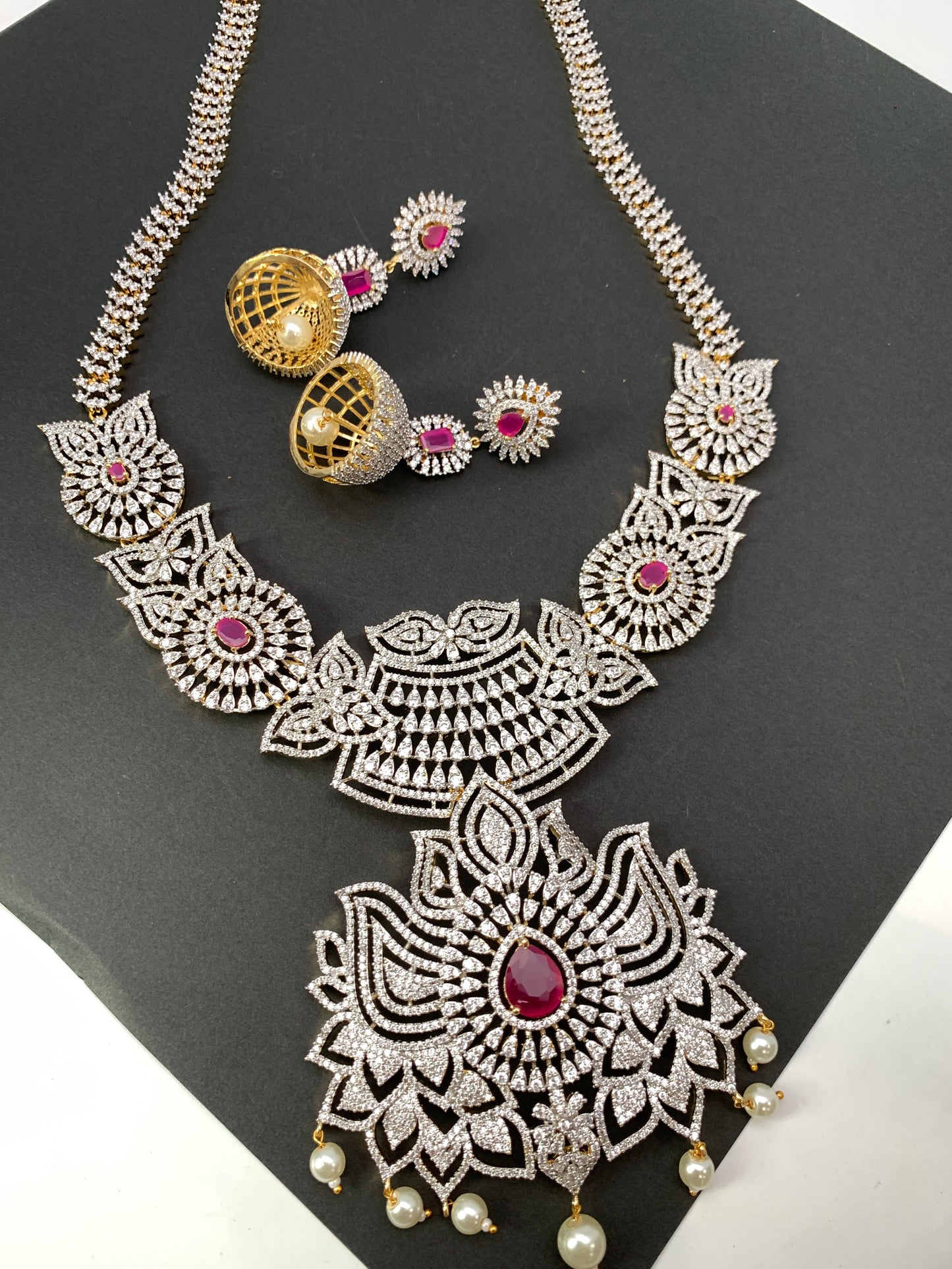 AD Ruby Red Stone Lotus Design Long Necklace