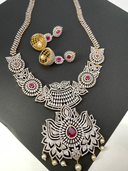 AD Ruby Red Stone Lotus Design Long Necklace