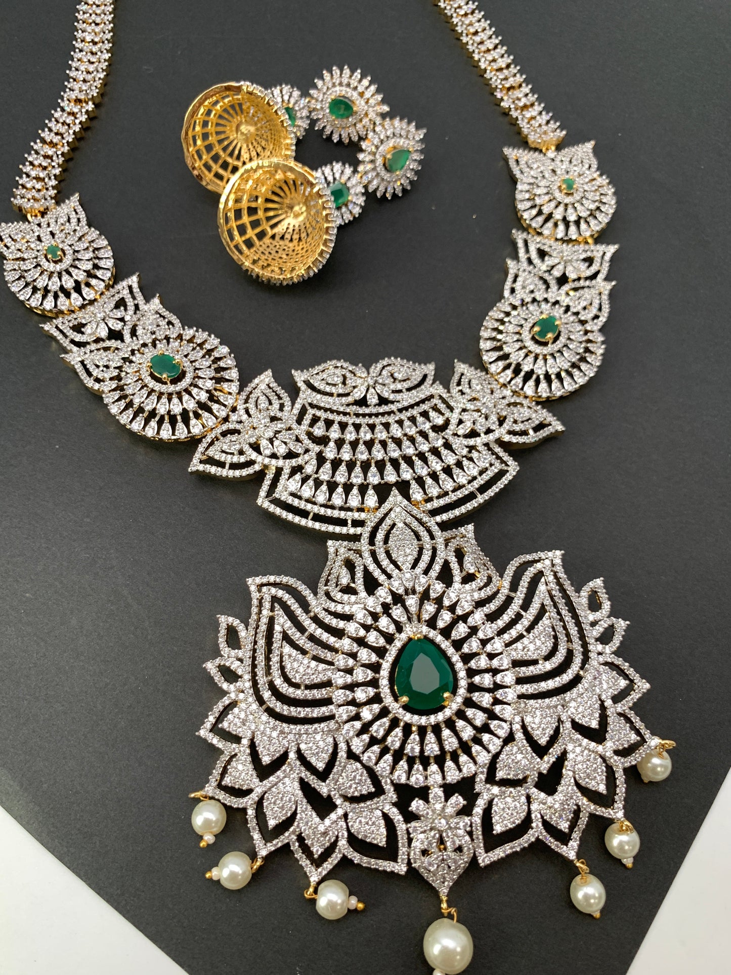AD Emerald Green Stone Lotus Design Long Necklace