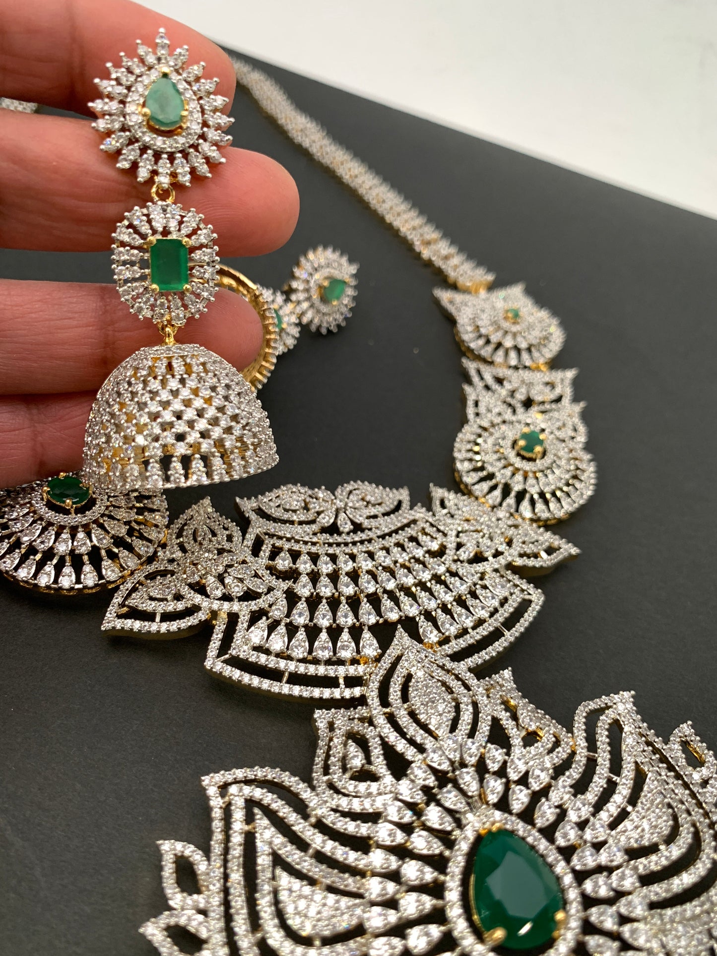 AD Emerald Green Stone Lotus Design Long Necklace