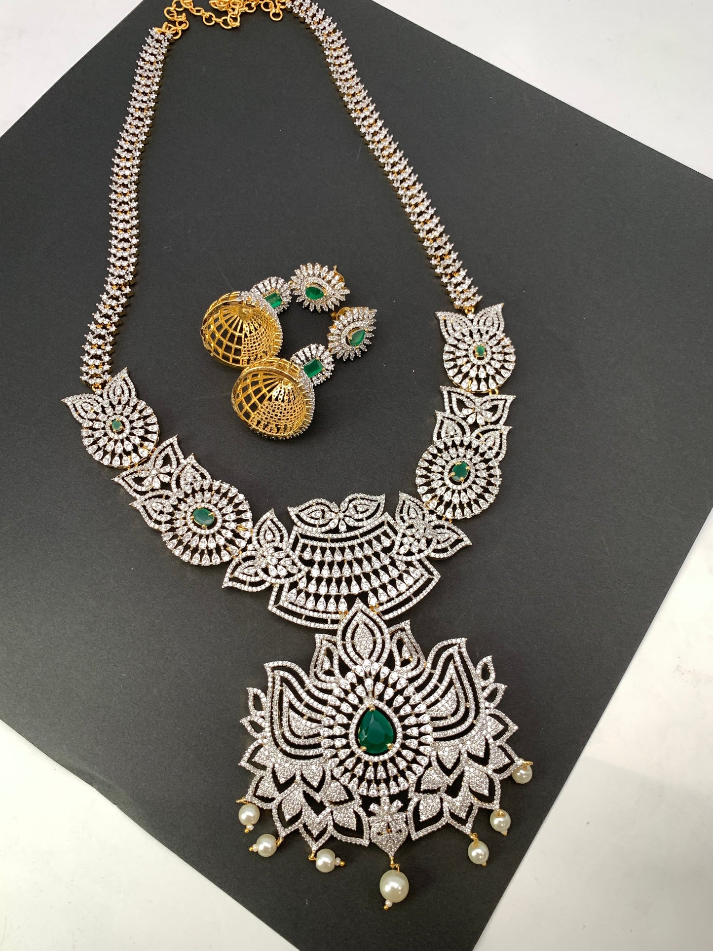 AD Emerald Green Stone Lotus Design Long Necklace