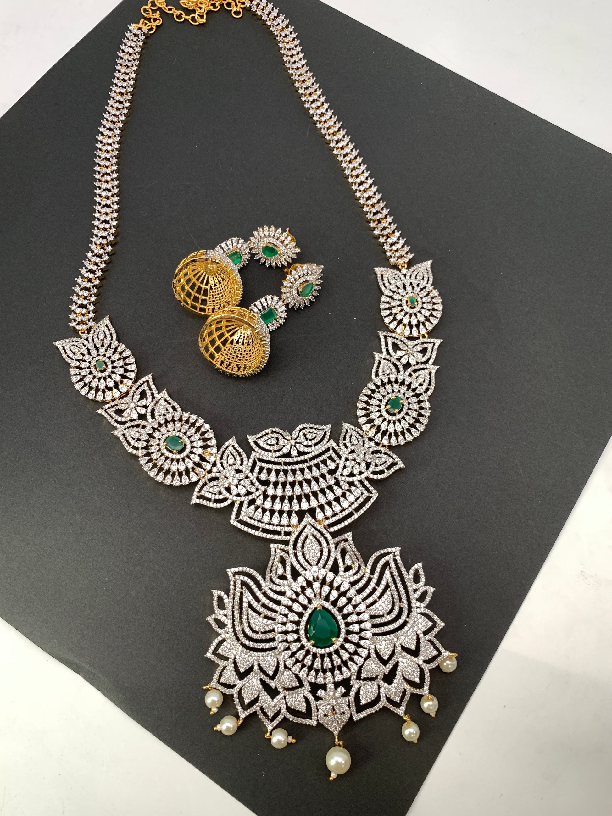 AD Emerald Green Stone Lotus Design Long Necklace