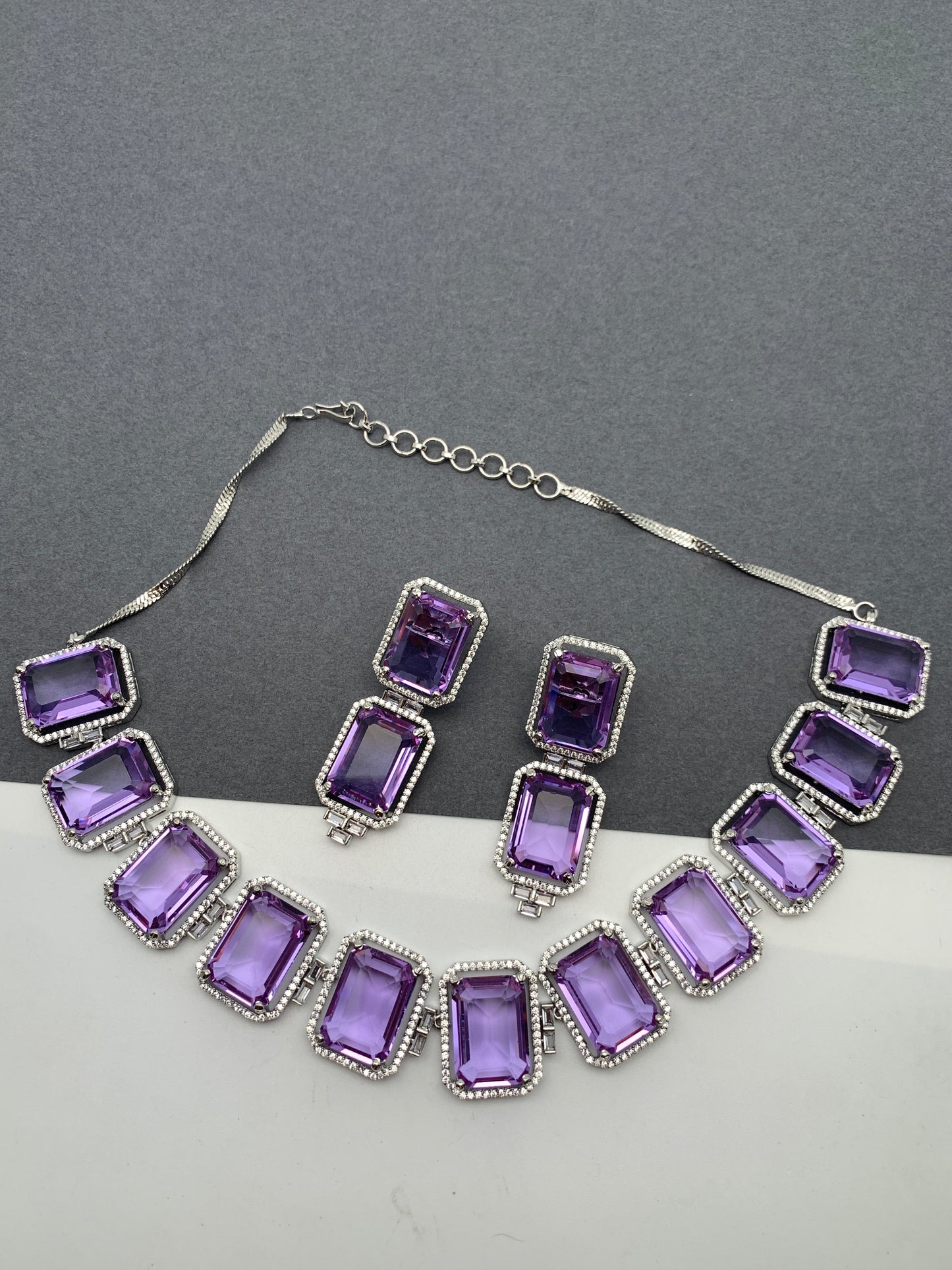 Doublet Stone Silver Finish Neckline Short Necklace - Purple