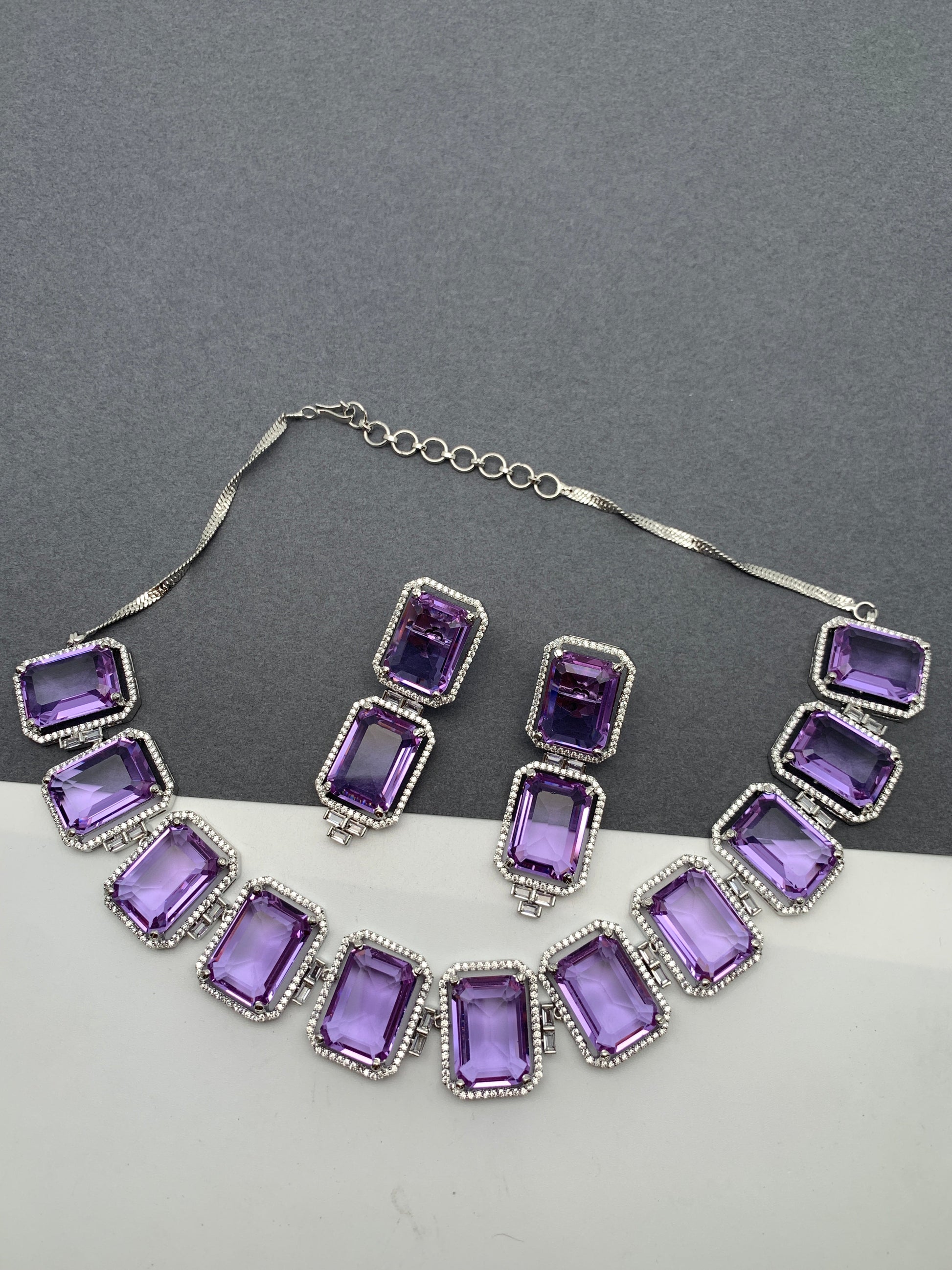 Doublet Stone Silver Finish Neckline Short Necklace - Purple