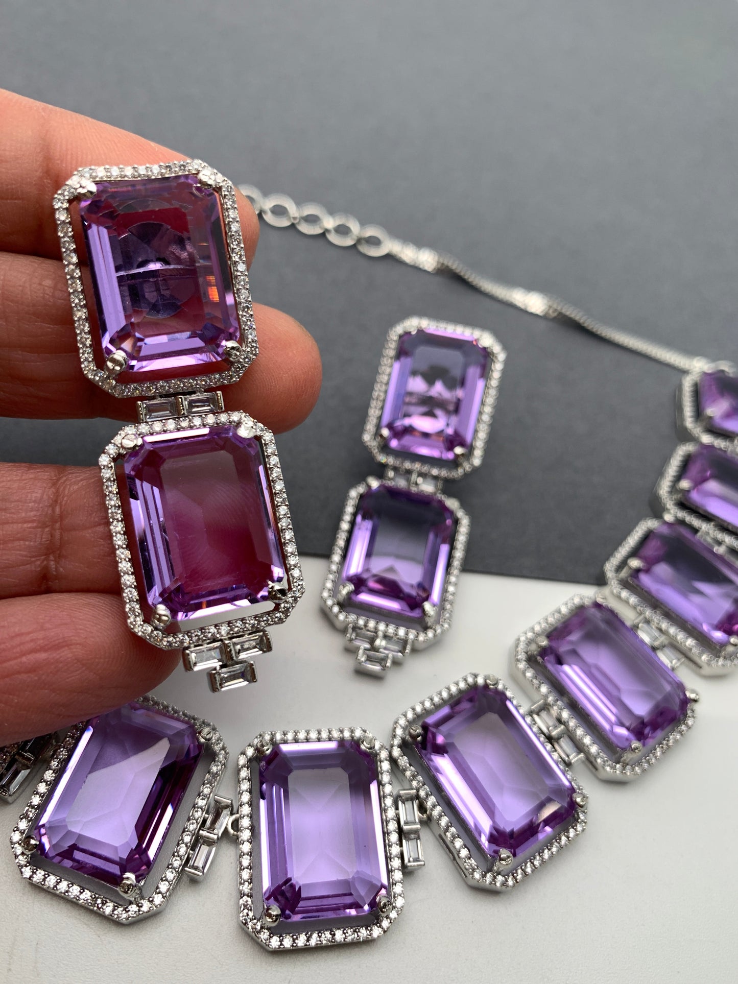Doublet Stone Silver Finish Neckline Short Necklace - Purple