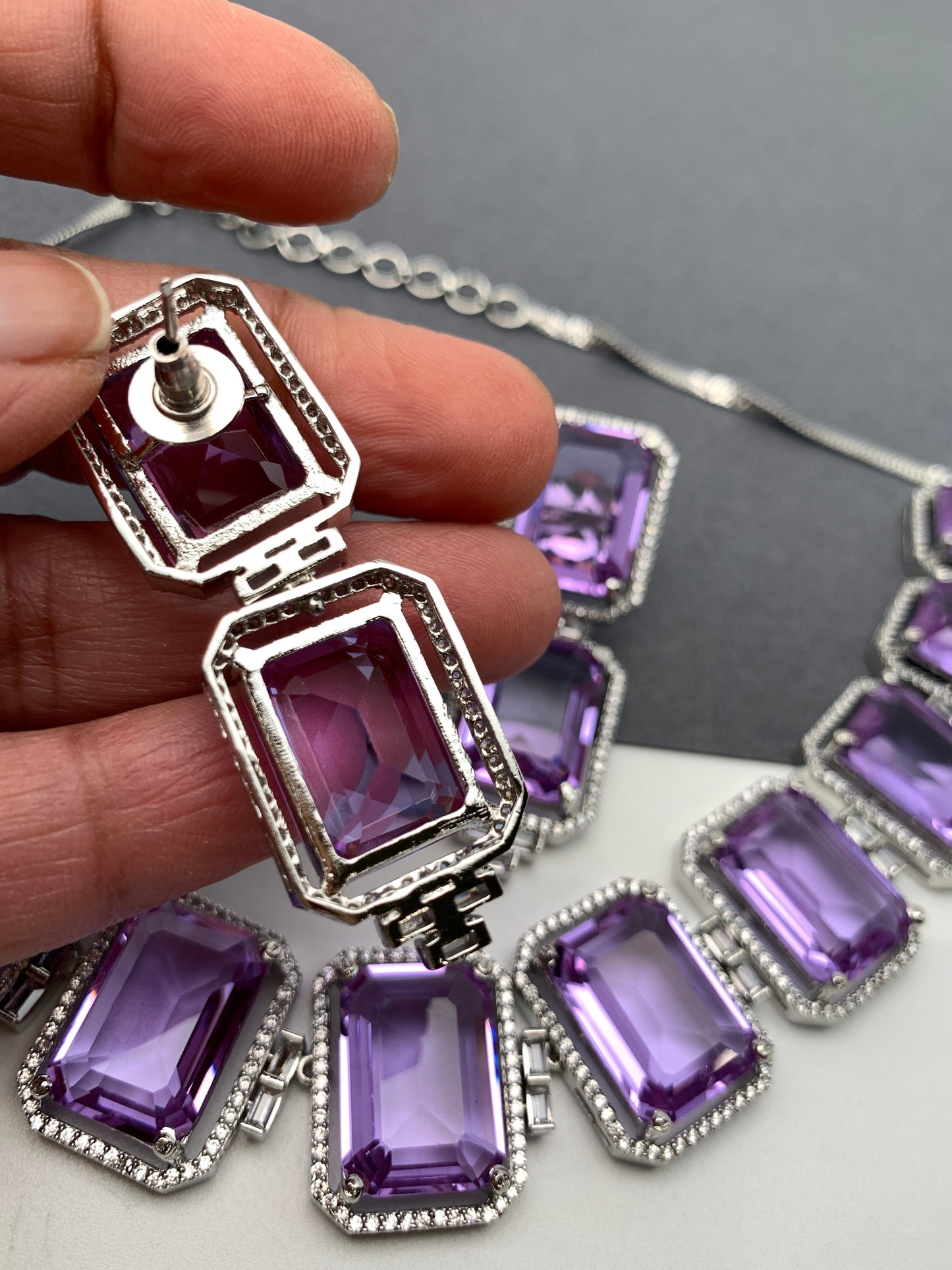 Doublet Stone Silver Finish Neckline Short Necklace - Purple