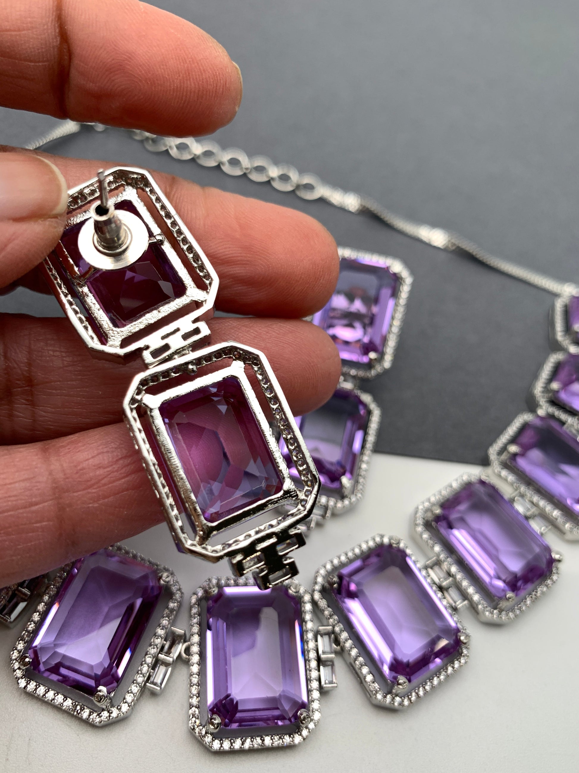 Doublet Stone Silver Finish Neckline Short Necklace - Purple