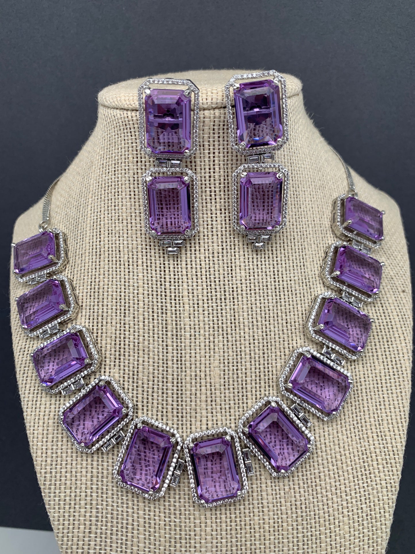Doublet Stone Silver Finish Neckline Short Necklace - Purple