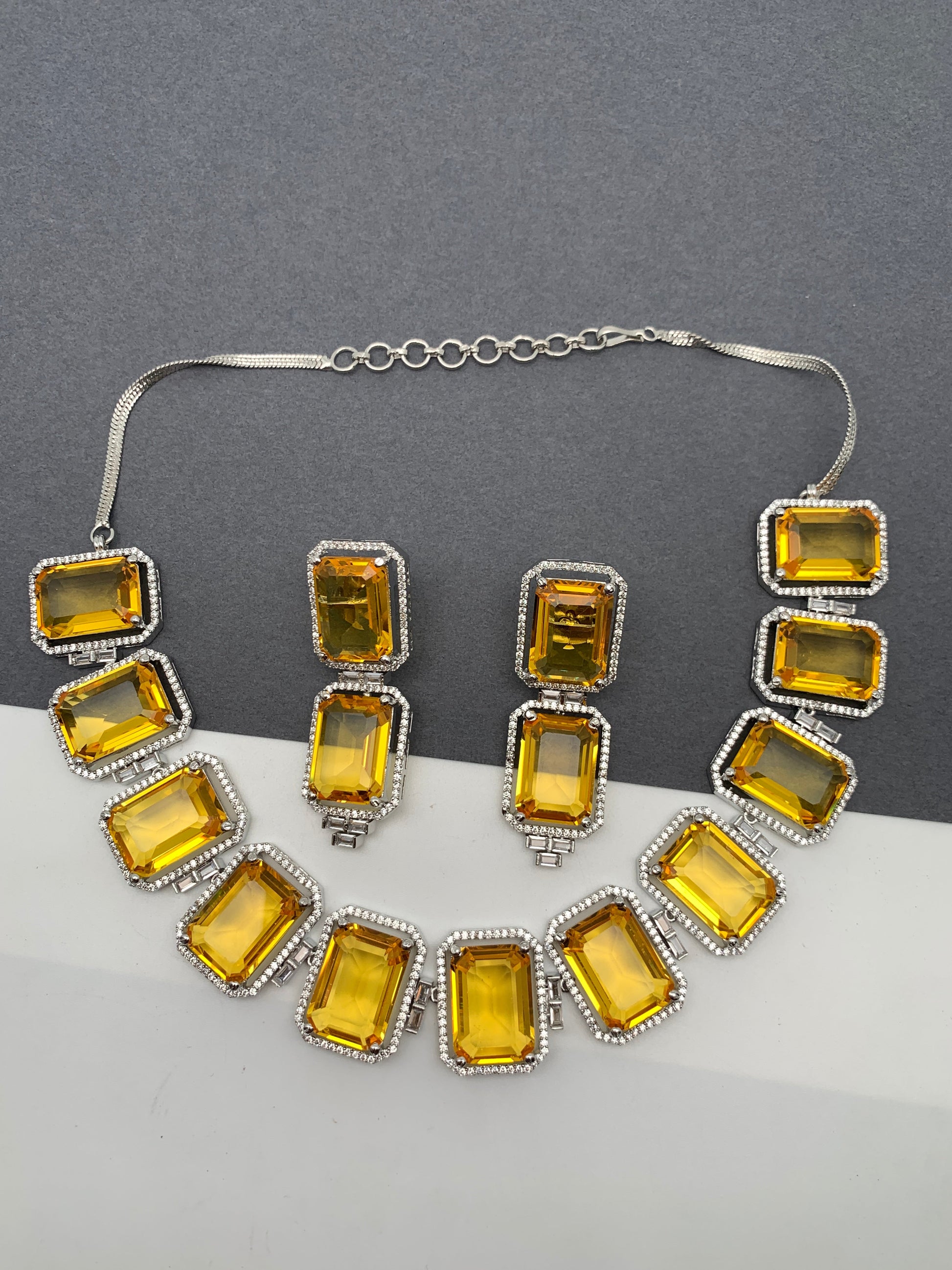 Doublet Stone Silver Finish Neckline Short Necklace - Yellow