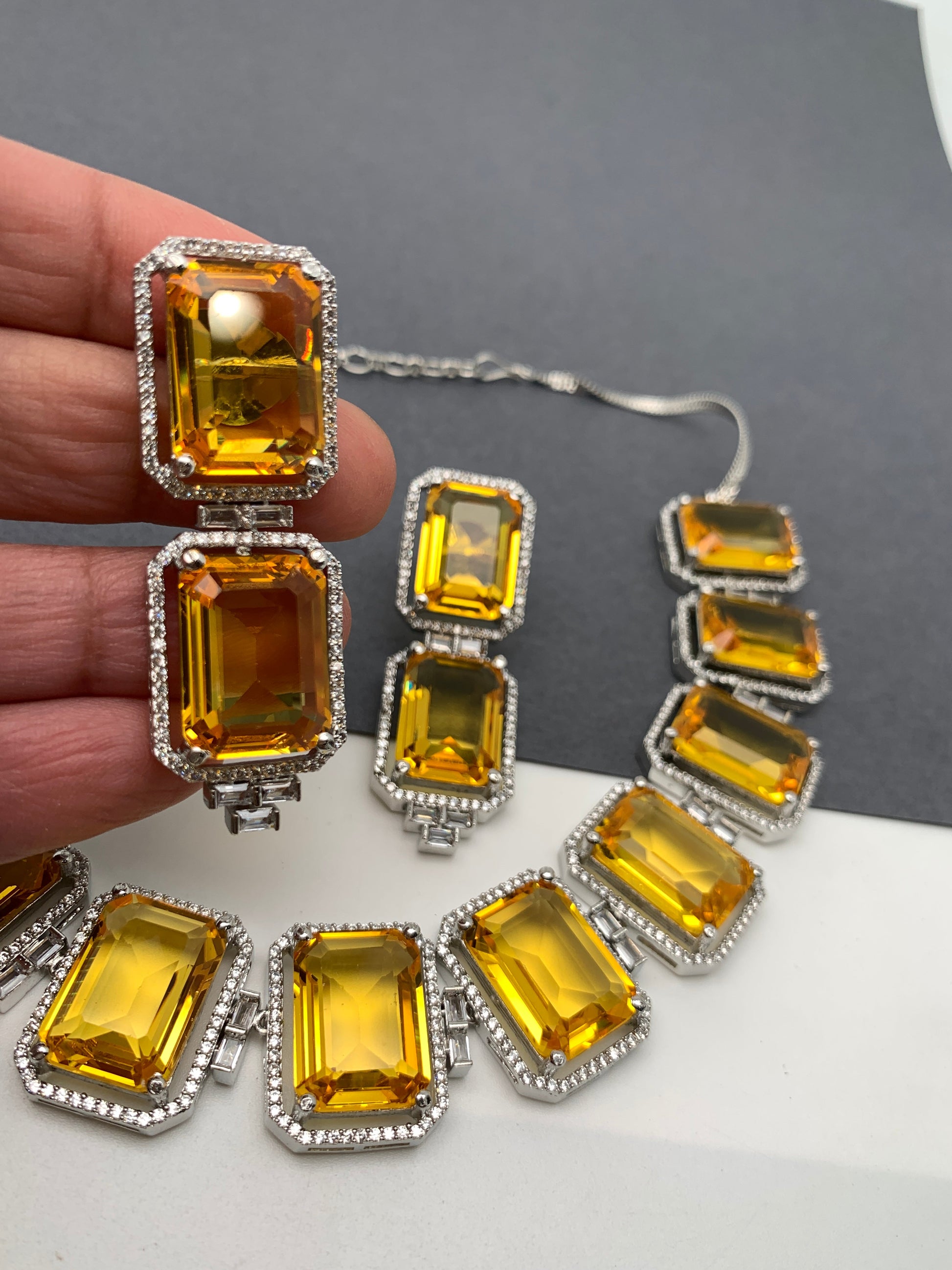 Doublet Stone Silver Finish Neckline Short Necklace - Yellow