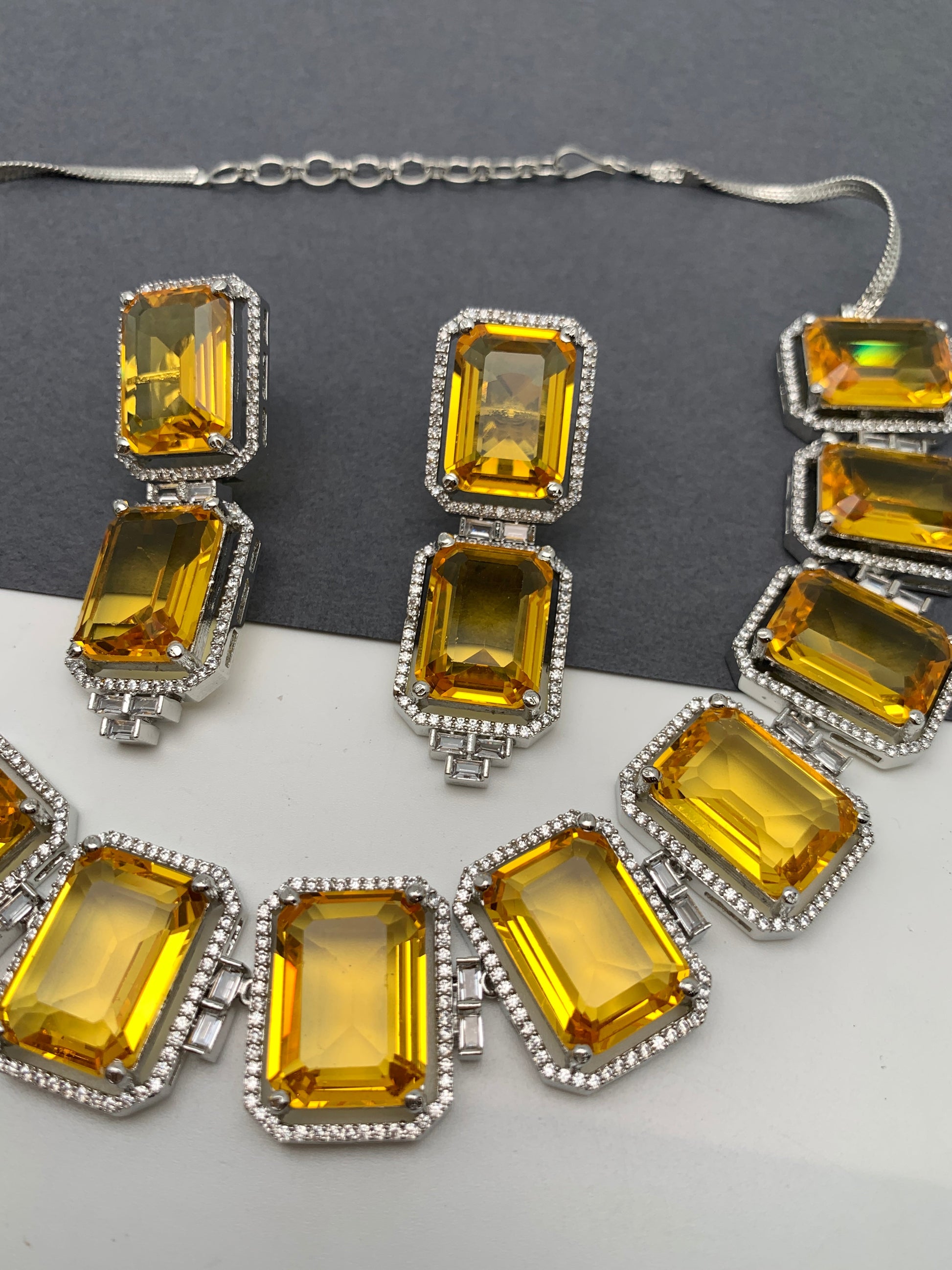 Doublet Stone Silver Finish Neckline Short Necklace - Yellow