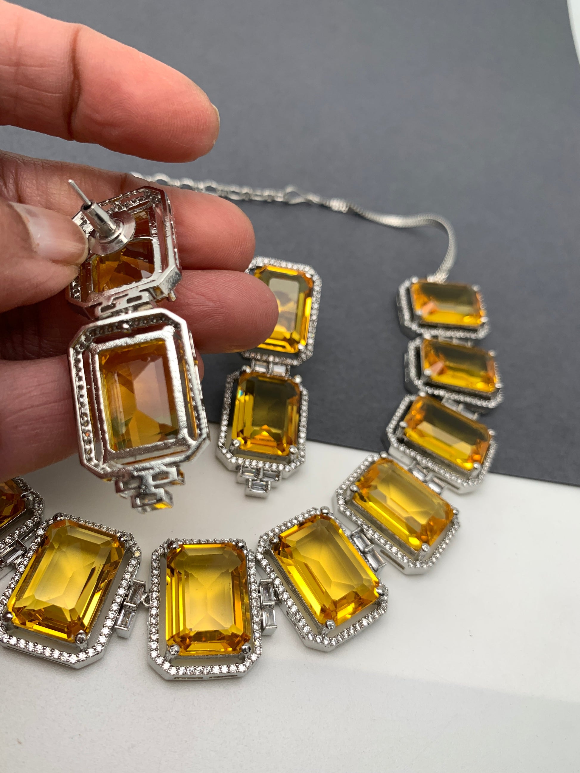 Doublet Stone Silver Finish Neckline Short Necklace - Yellow