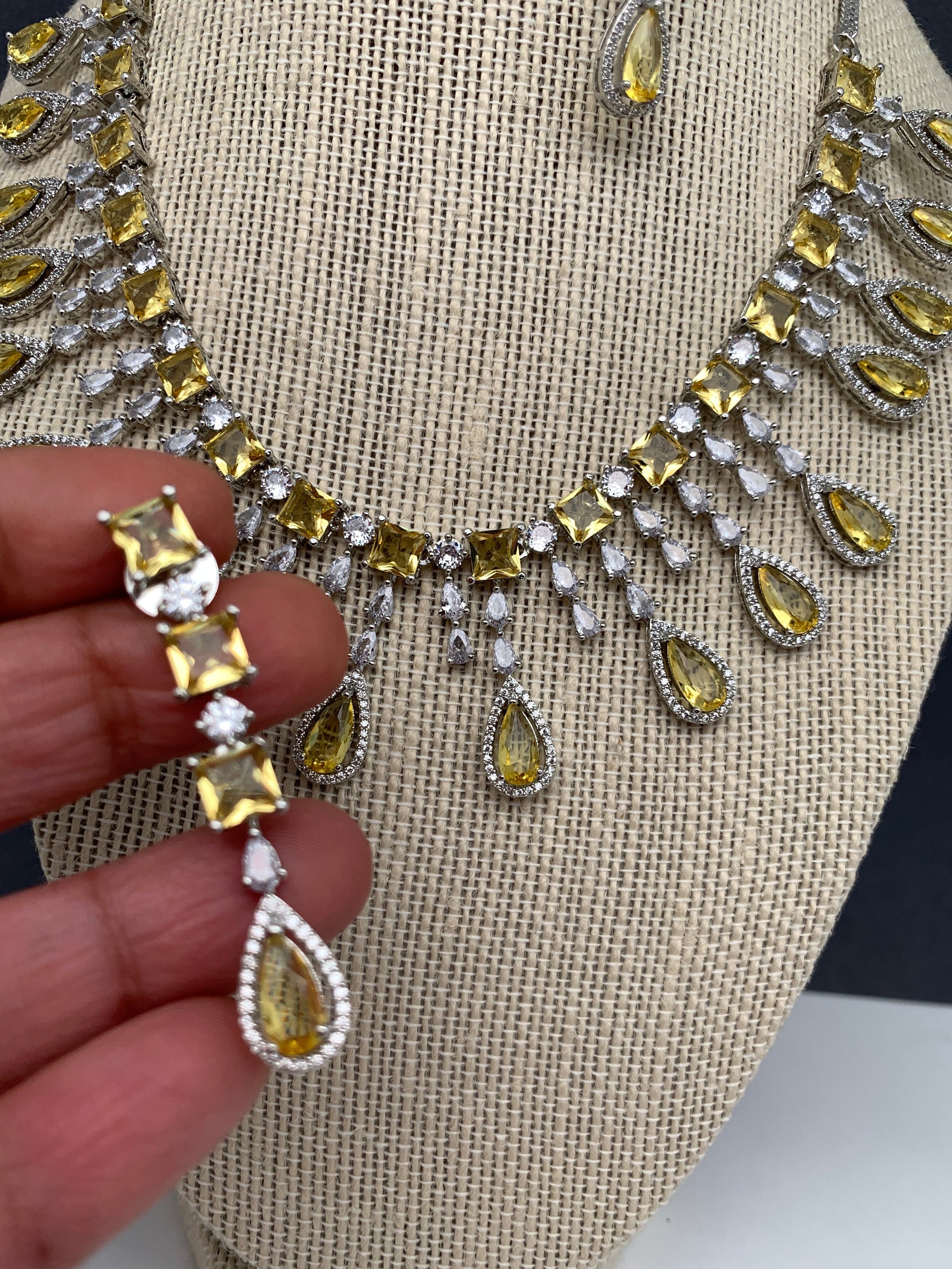 Doublet Stone Silver Finish Short Necklace - Yellow