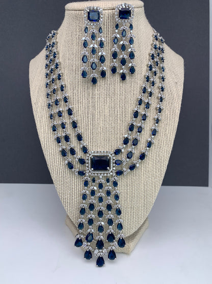 Doublet Stone Silver Finish Short Necklace - Blue