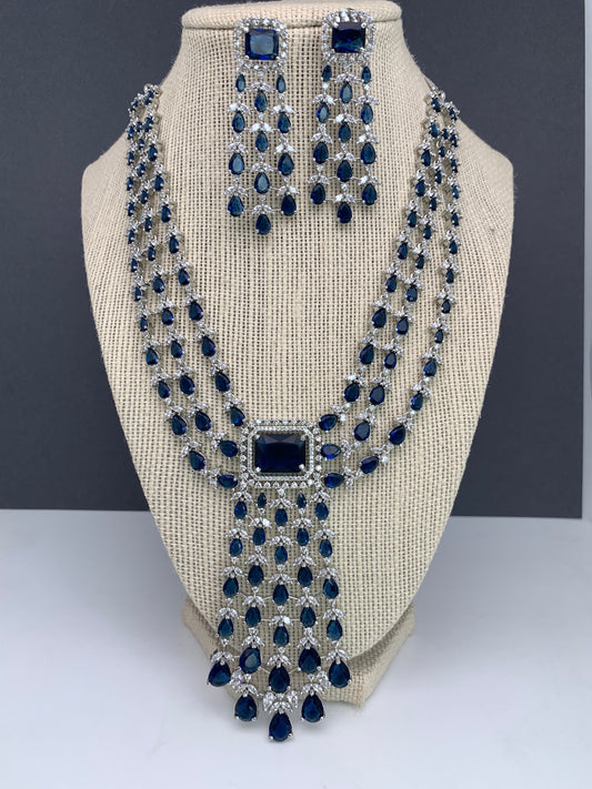 Doublet Stone Silver Finish Short Necklace - Blue