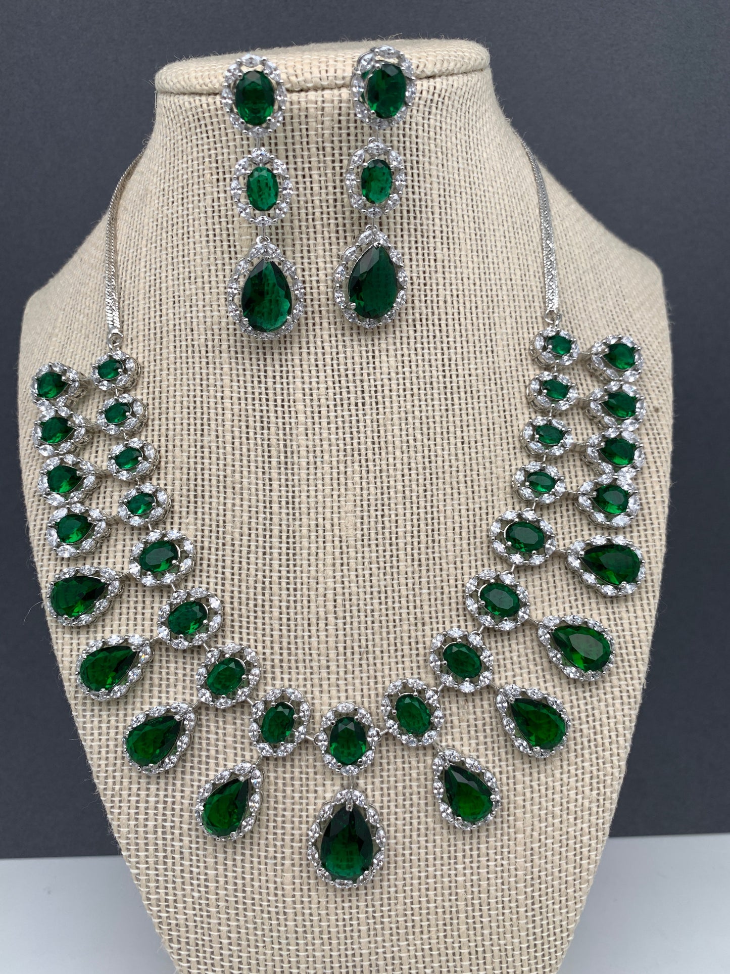 AD Green Doublet Stone Silver Finish Short Necklace
