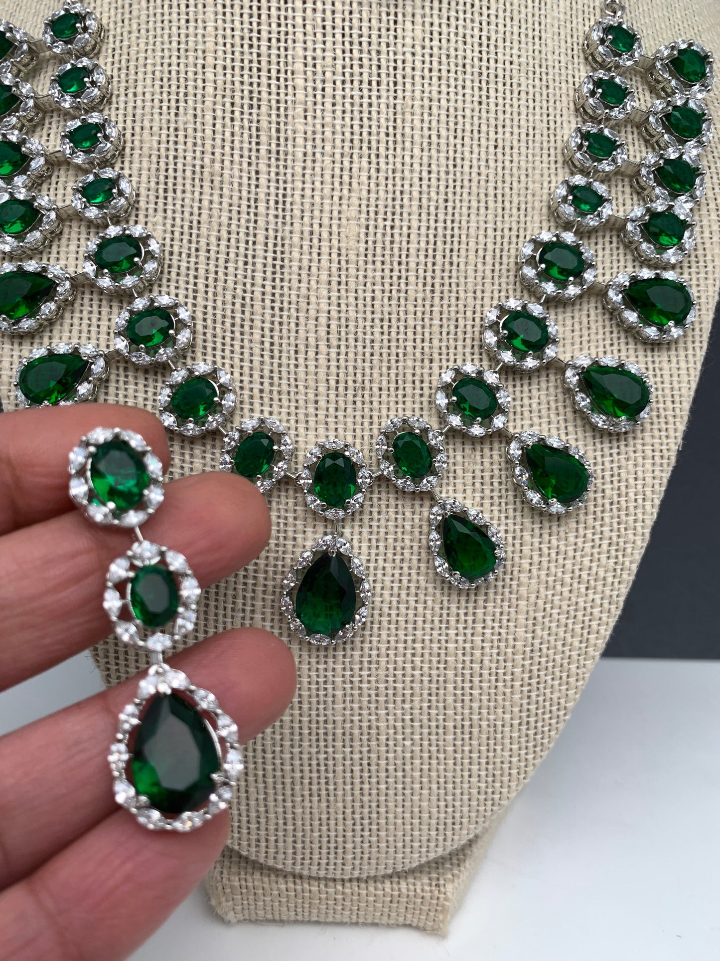 AD Green Doublet Stone Silver Finish Short Necklace
