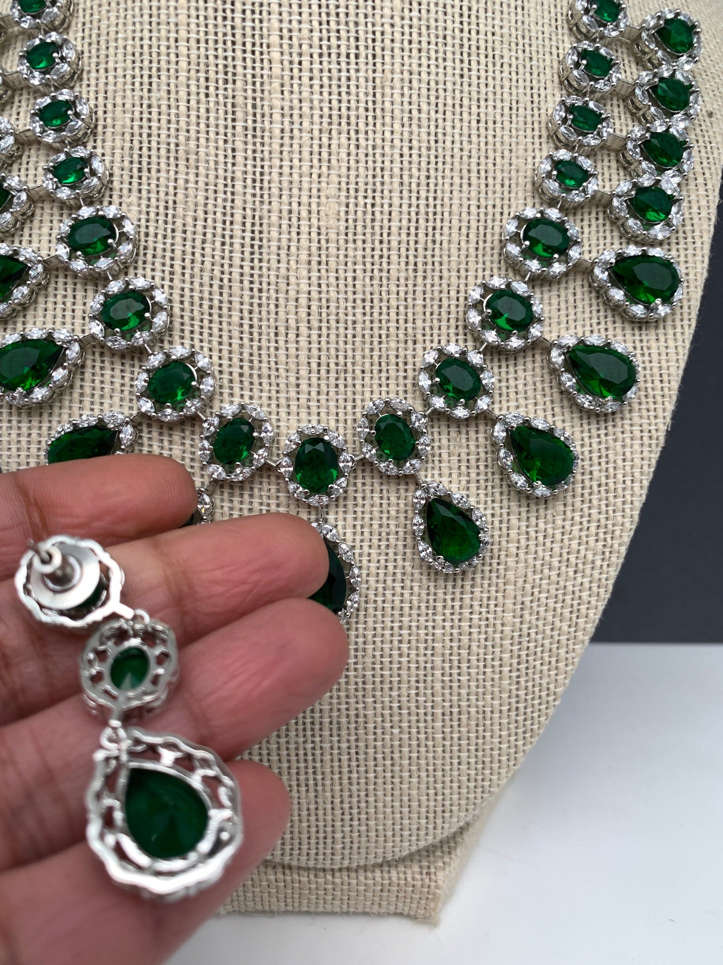AD Green Doublet Stone Silver Finish Short Necklace