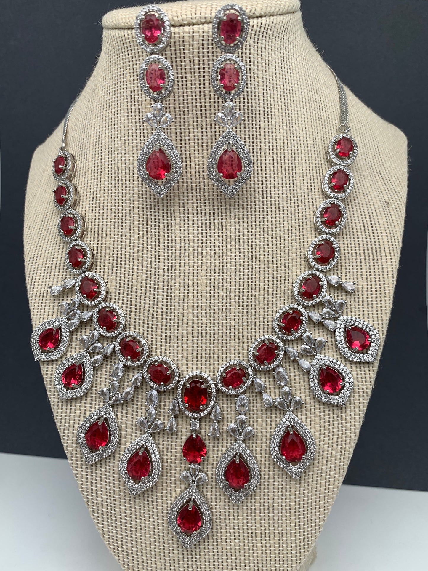 AD Wine Red Doublet Stone Silver Finish Short Necklace
