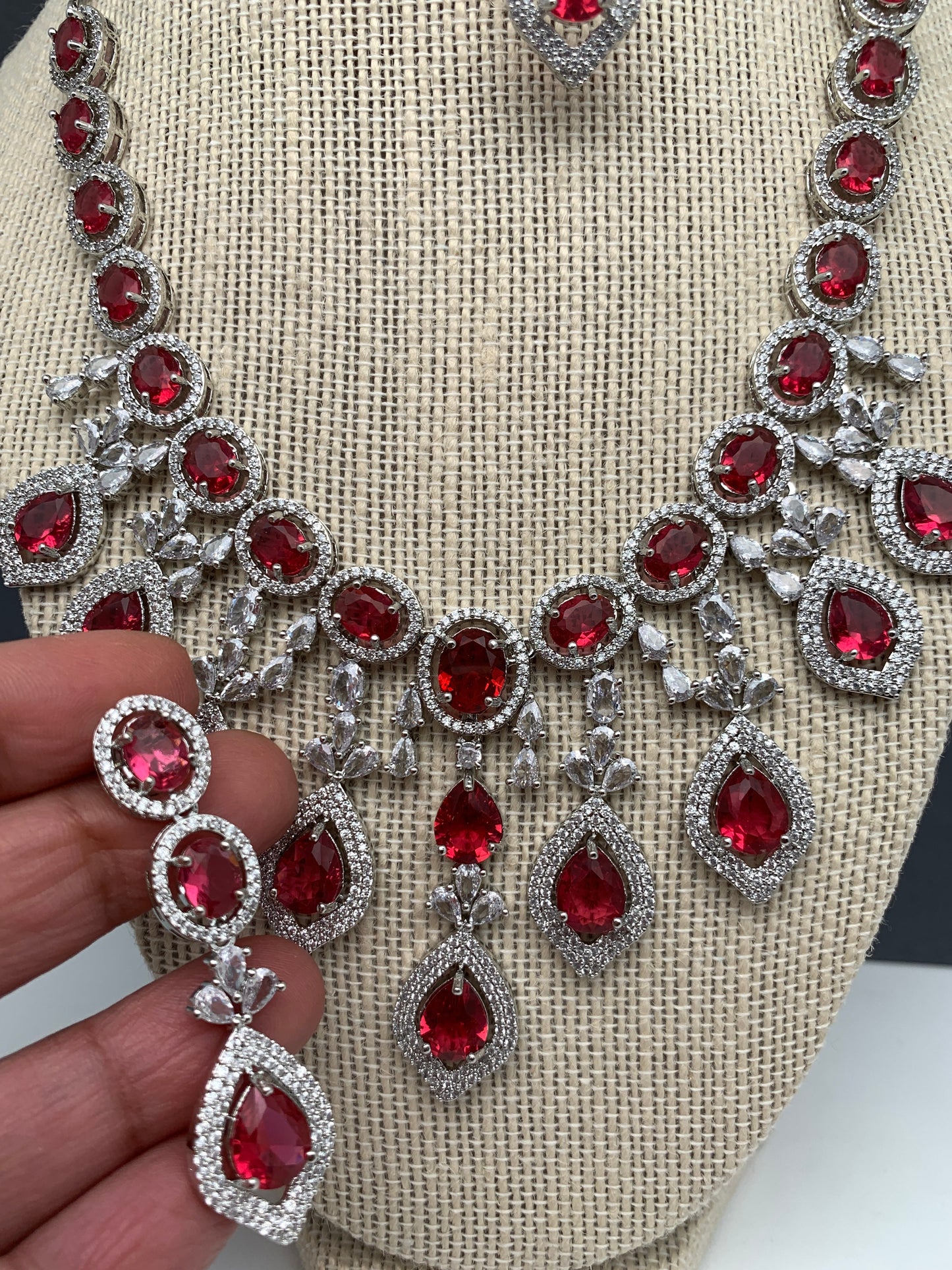 AD Wine Red Doublet Stone Silver Finish Short Necklace