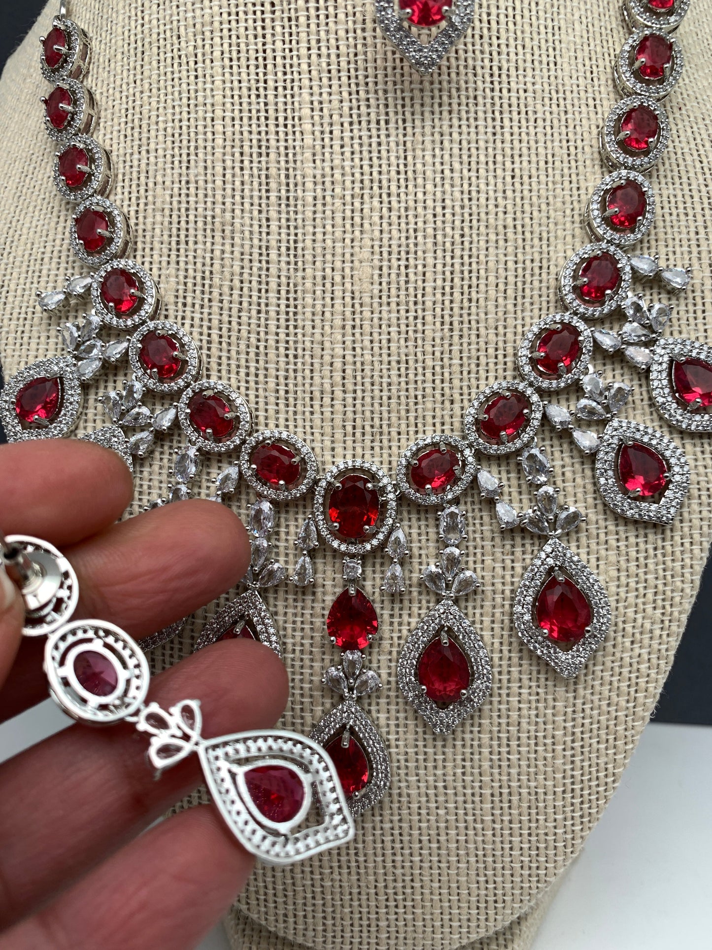 AD Wine Red Doublet Stone Silver Finish Short Necklace