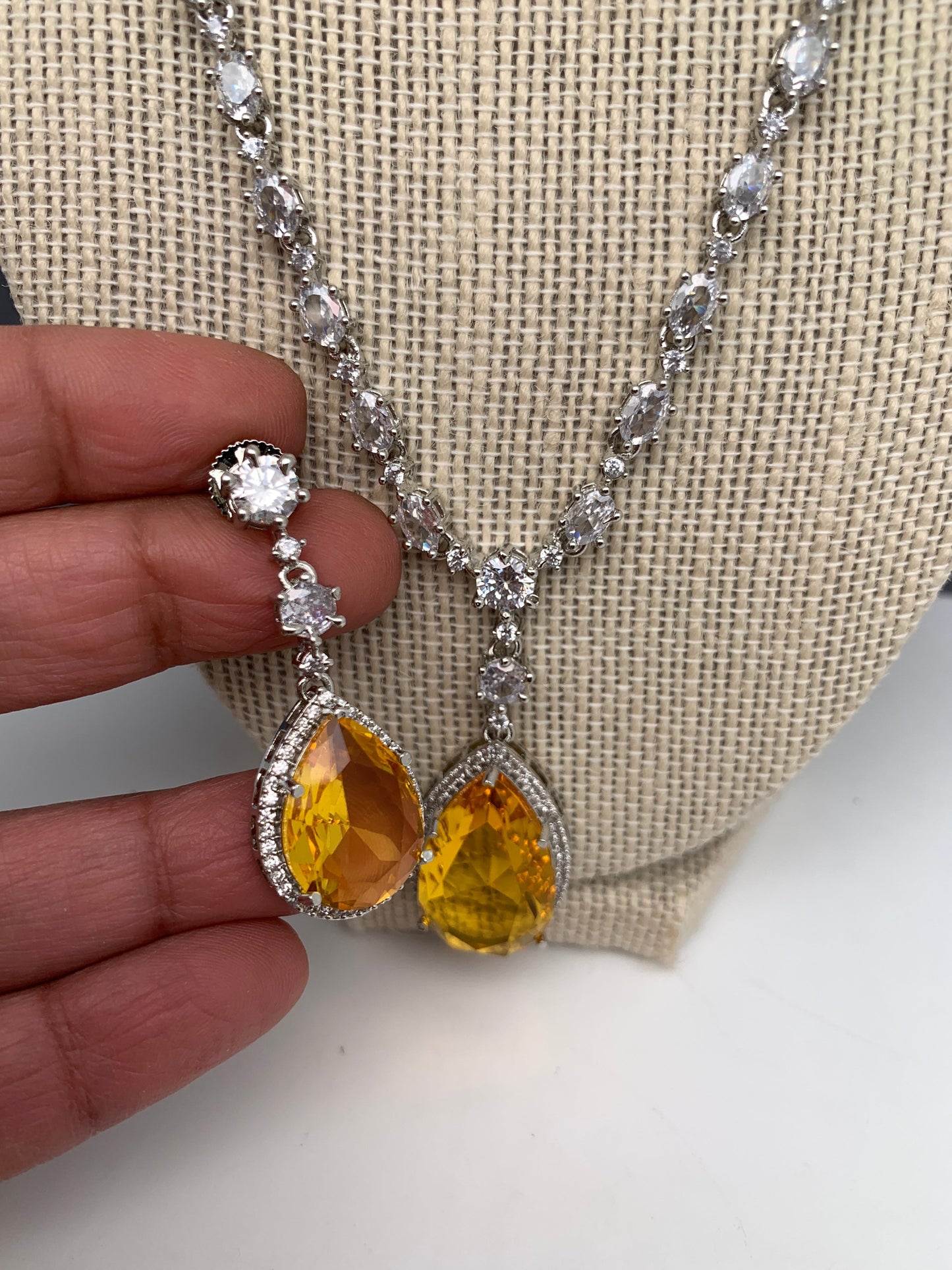AD Yellow Doublet Stone Silver Finish Short Necklace