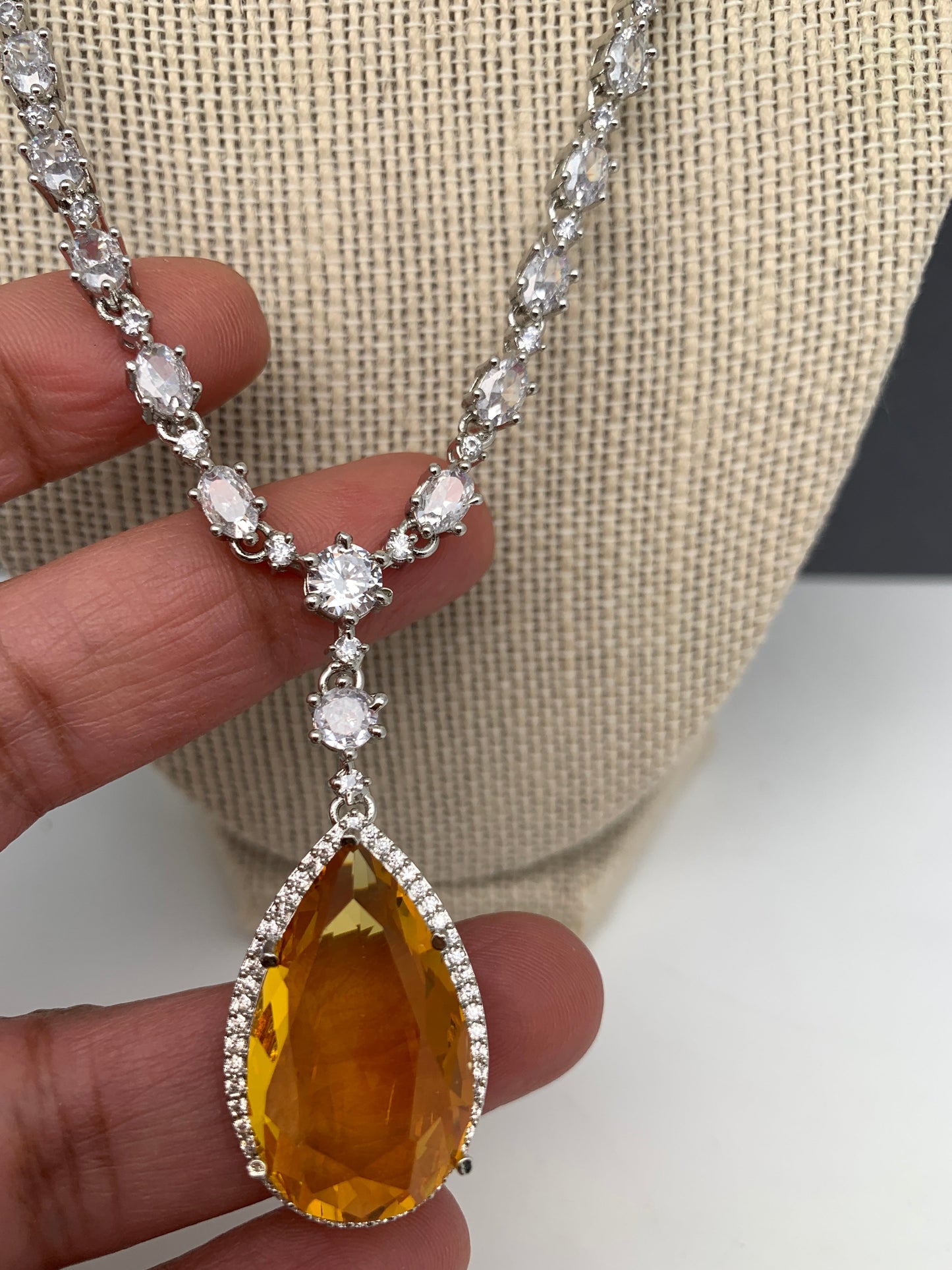 AD Yellow Doublet Stone Silver Finish Short Necklace