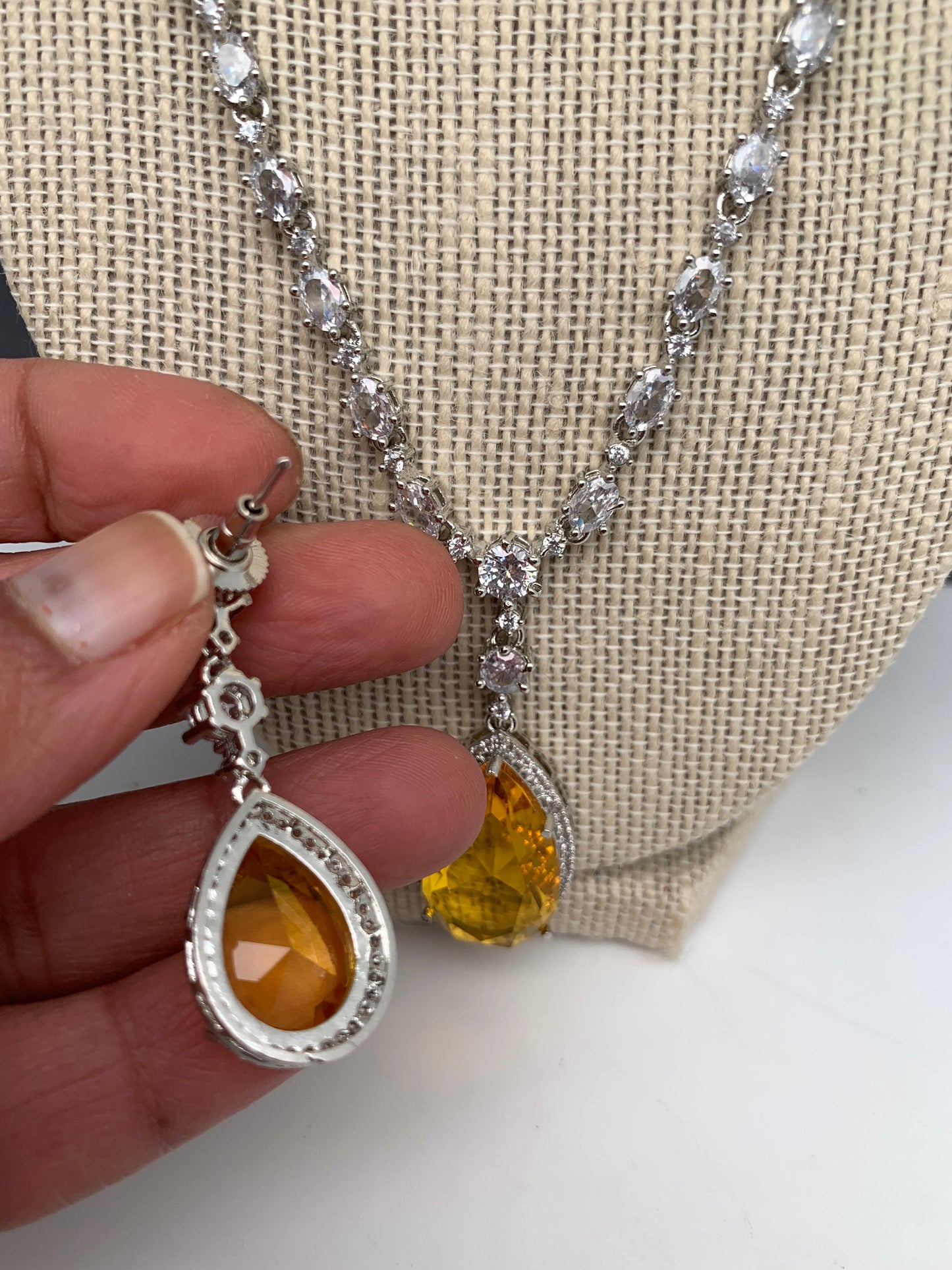 AD Yellow Doublet Stone Silver Finish Short Necklace