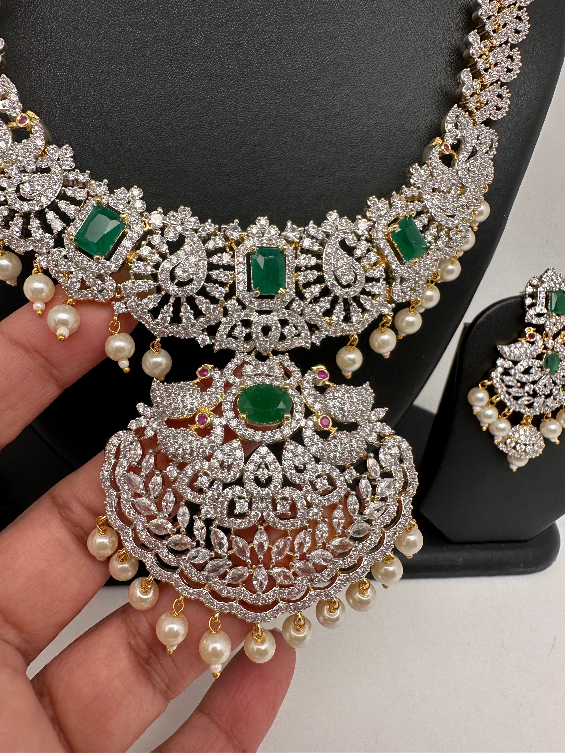 AD Diamond Finish Color Stone Peacock Design Short Necklace