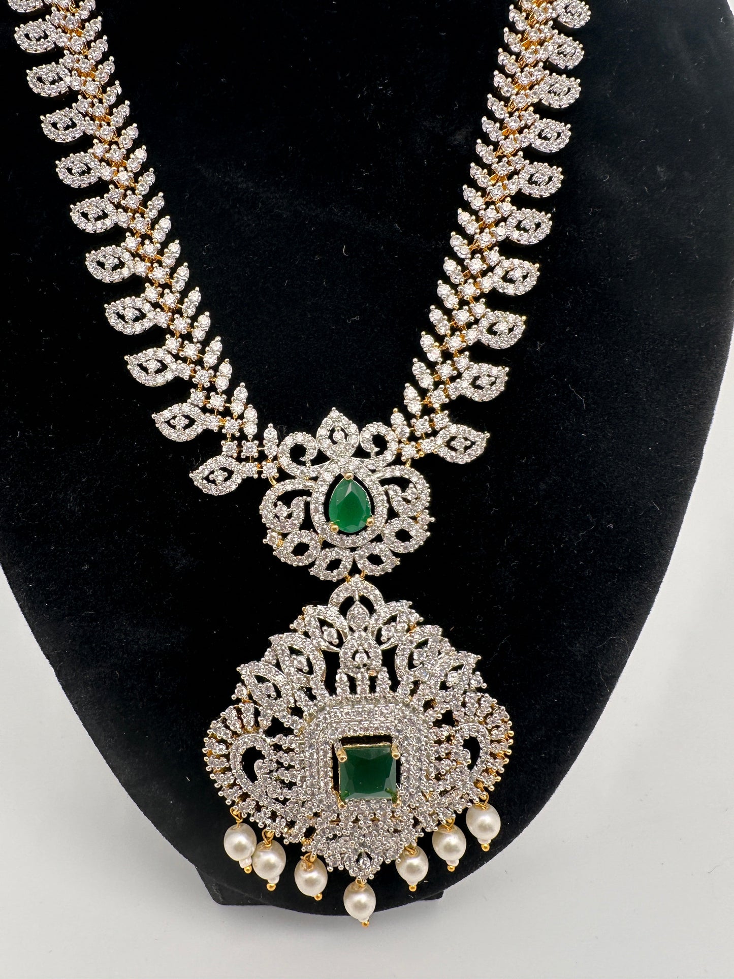AD Diamond Finish Color Stone Mango Design Short Necklace - Green