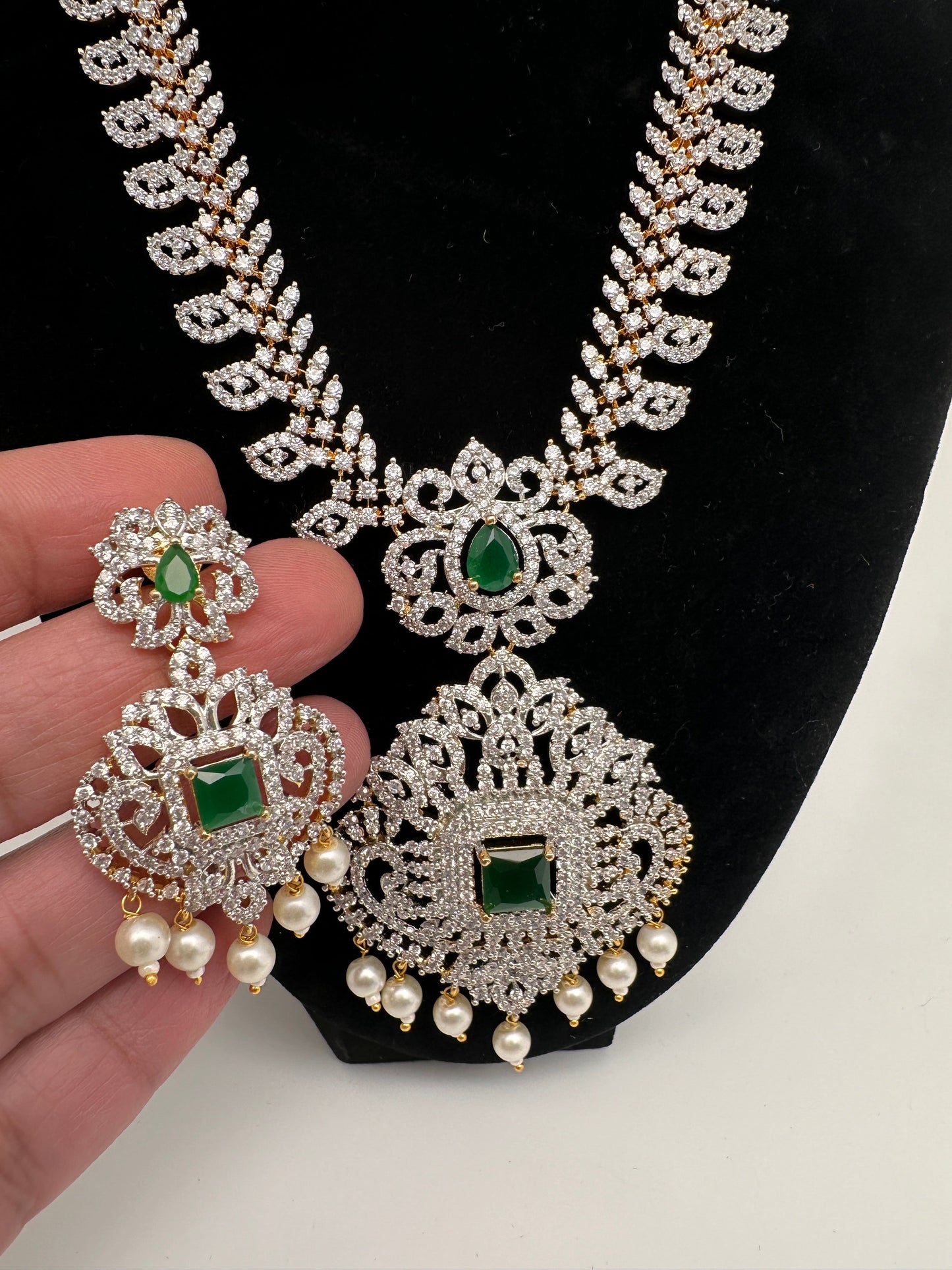 AD Diamond Finish Color Stone Mango Design Short Necklace - Green