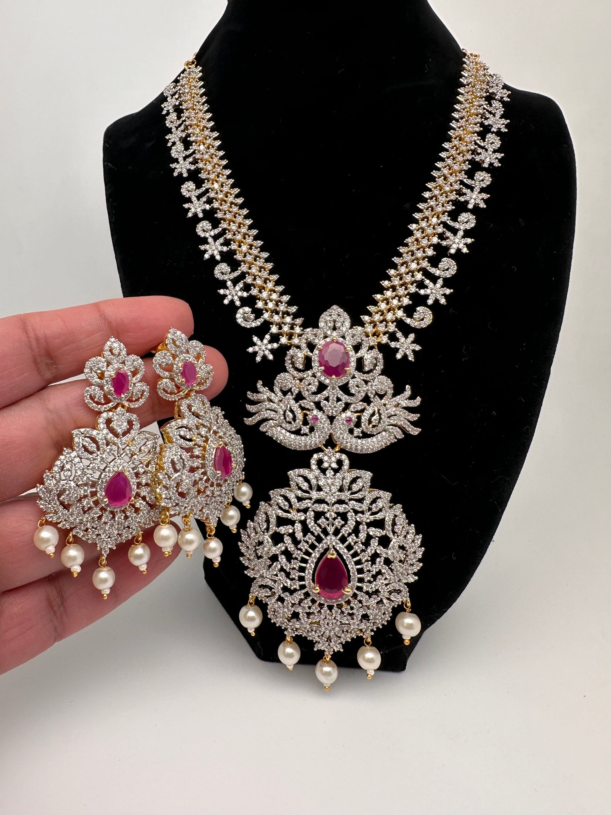 AD Diamond Finish Color Stone Peacock Design Short Necklace - Red