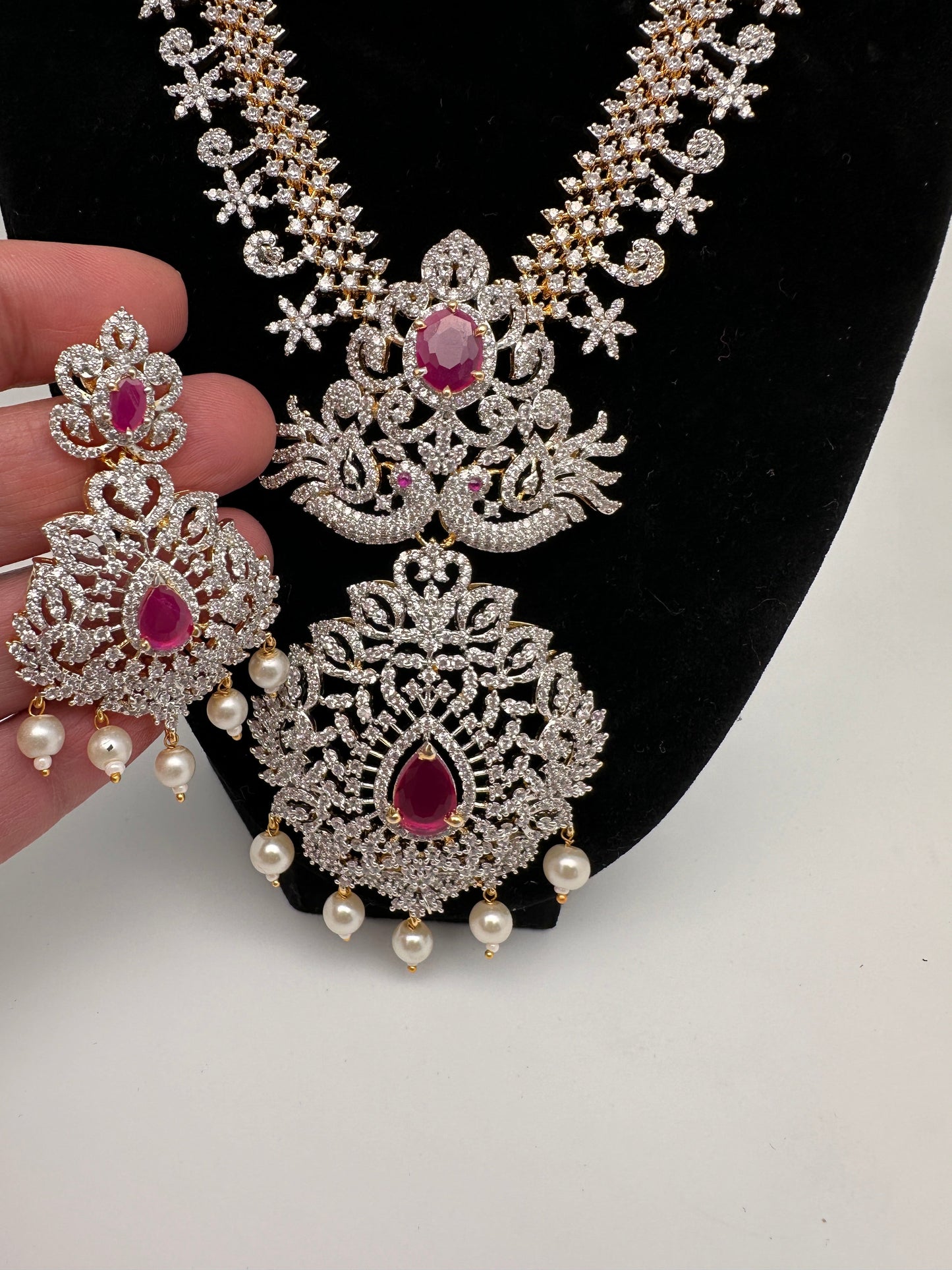 AD Diamond Finish Color Stone Peacock Design Short Necklace - Red
