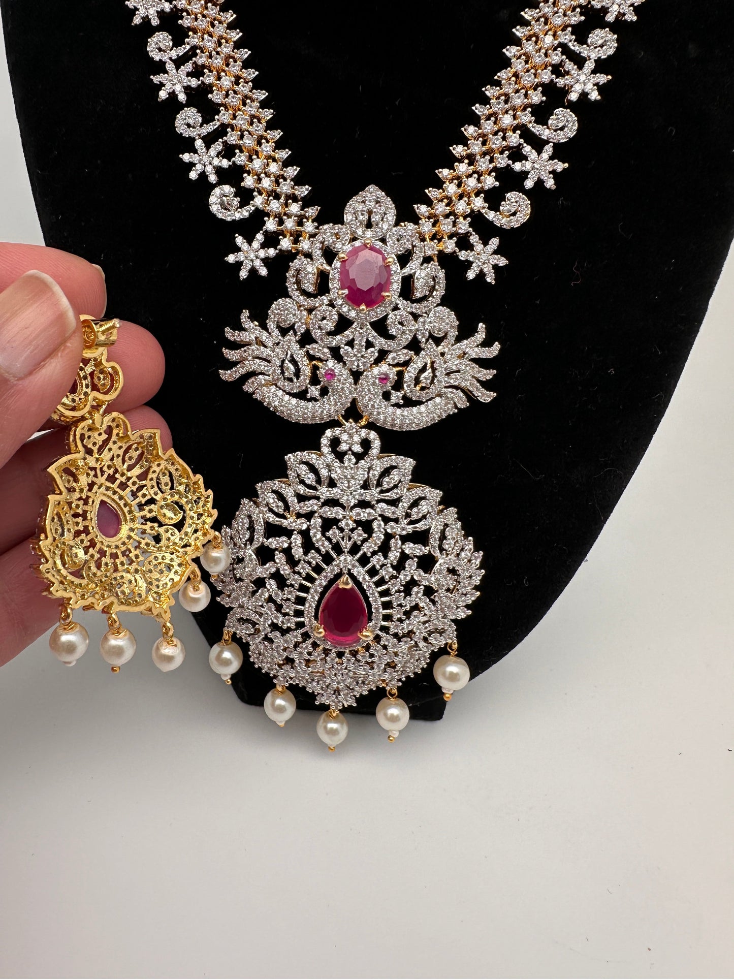 AD Diamond Finish Color Stone Peacock Design Short Necklace - Red