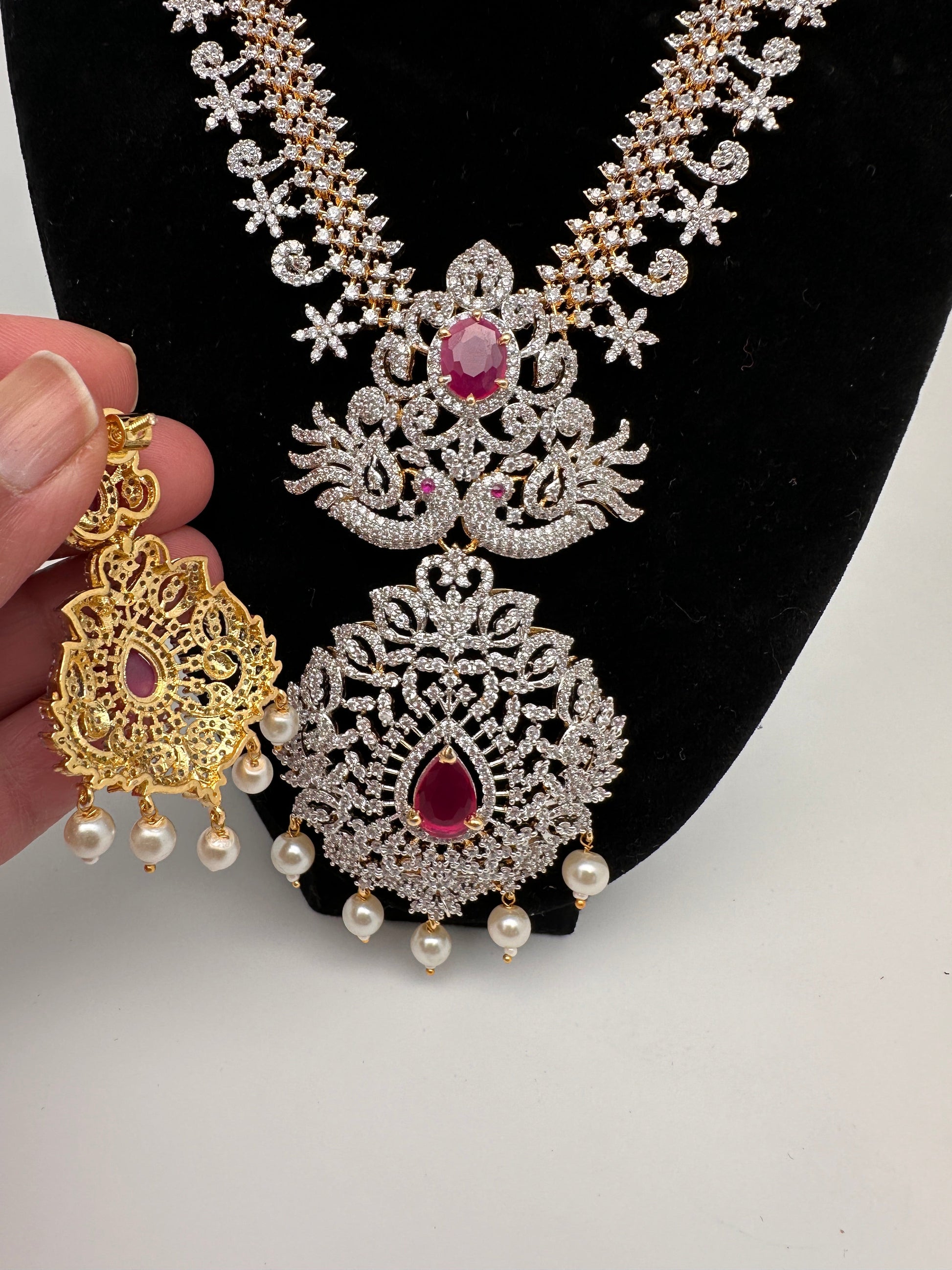 AD Diamond Finish Color Stone Peacock Design Short Necklace - Red