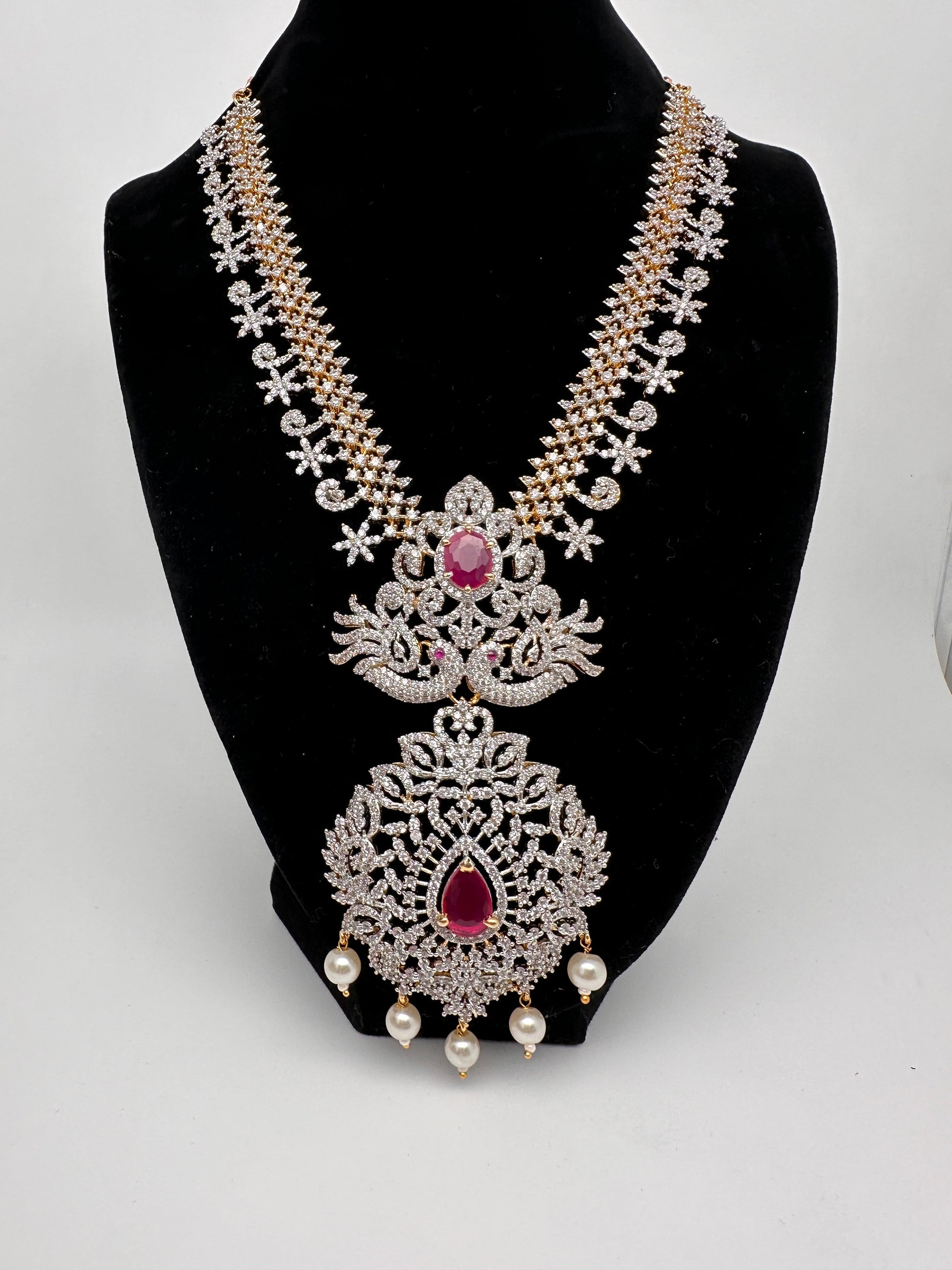 AD Diamond Finish Color Stone Peacock Design Short Necklace - Red