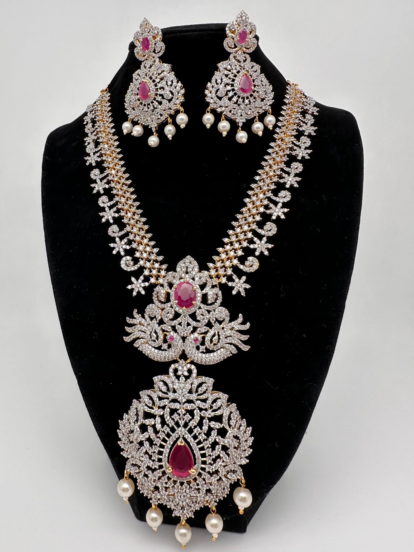AD Diamond Finish Color Stone Peacock Design Short Necklace - Red