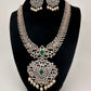 AD Diamond Finish Color Stone Floral Design Short Necklace - Green