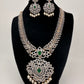 AD Diamond Finish Color Stone Floral Design Short Necklace - Green