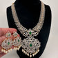 AD Diamond Finish Color Stone Floral Design Short Necklace - Green