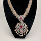 AD Diamond Finish Color Stone Floral Design Short Necklace - Red